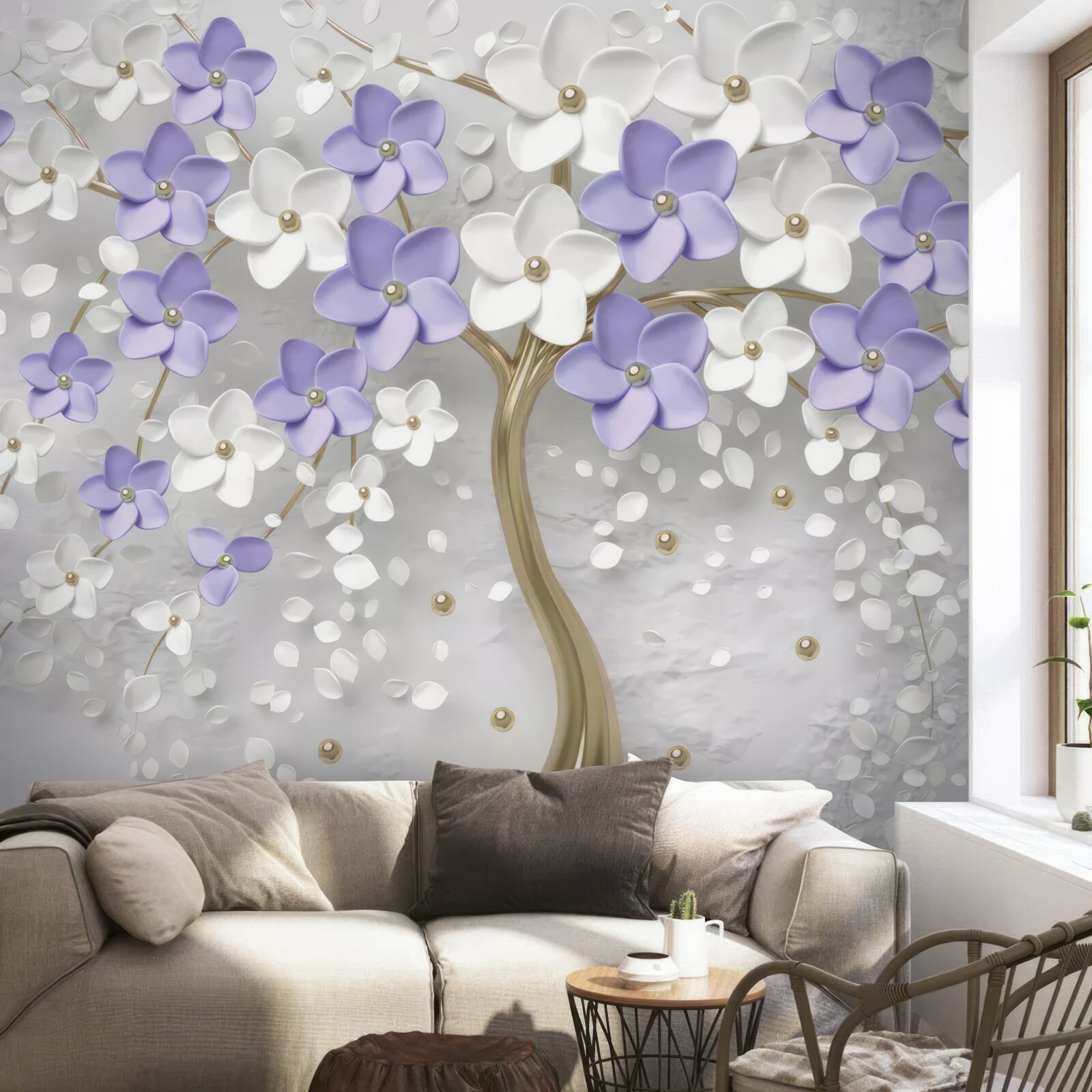 Fototapeta zlatý stromček zdobený bielymi a orgovánovými kvetmi