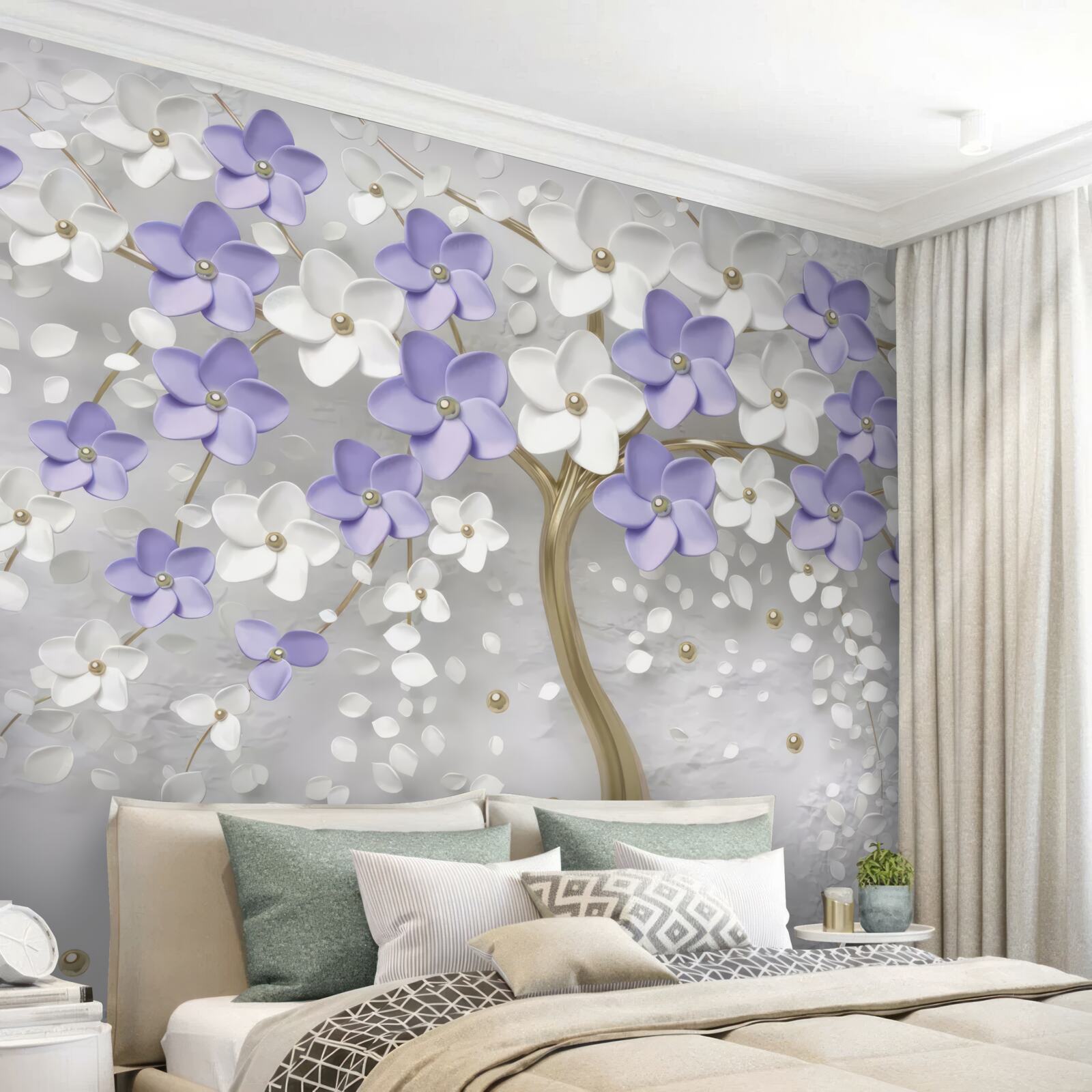 Fototapeta zlatý stromček zdobený bielymi a orgovánovými kvetmi