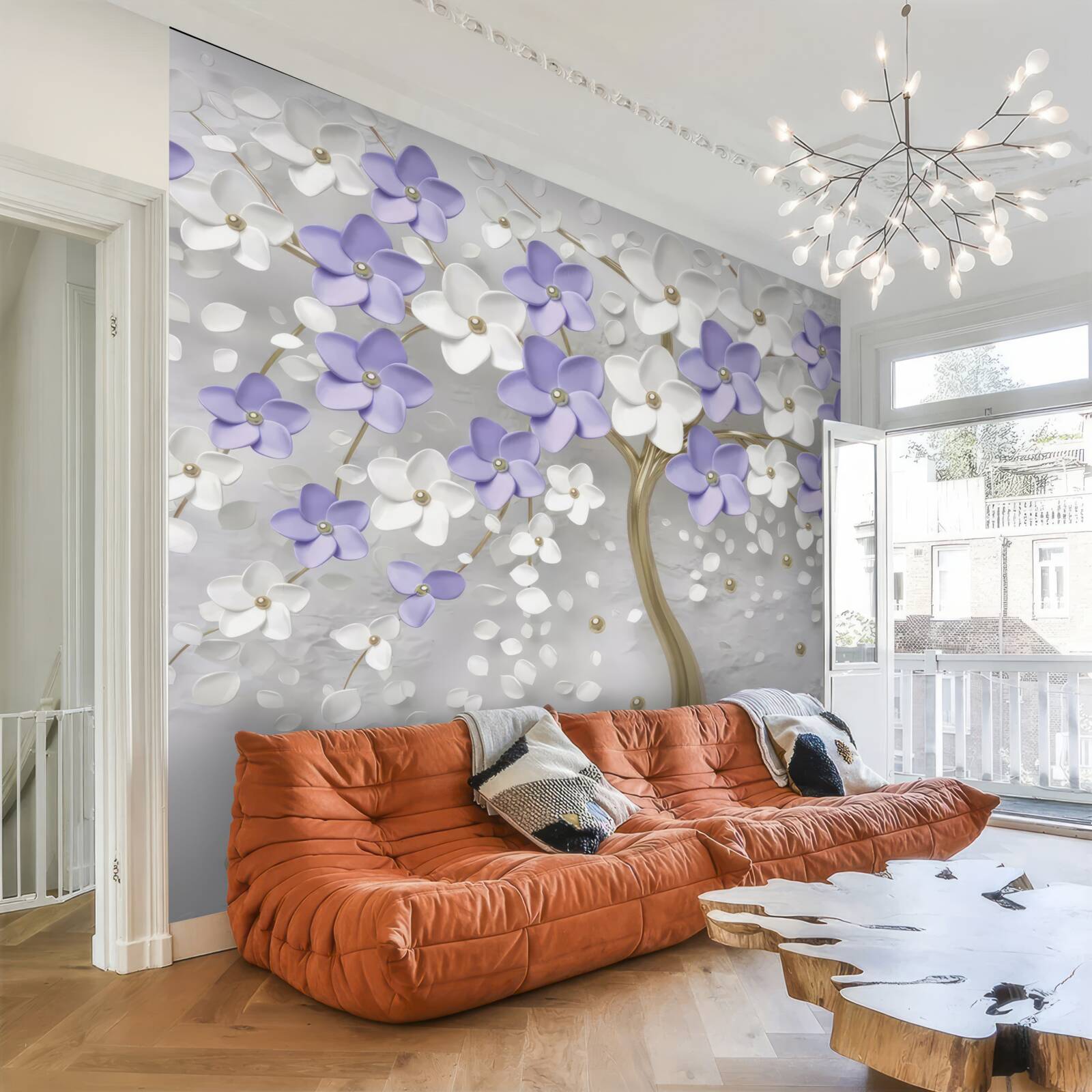 Fototapeta zlatý stromček zdobený bielymi a orgovánovými kvetmi