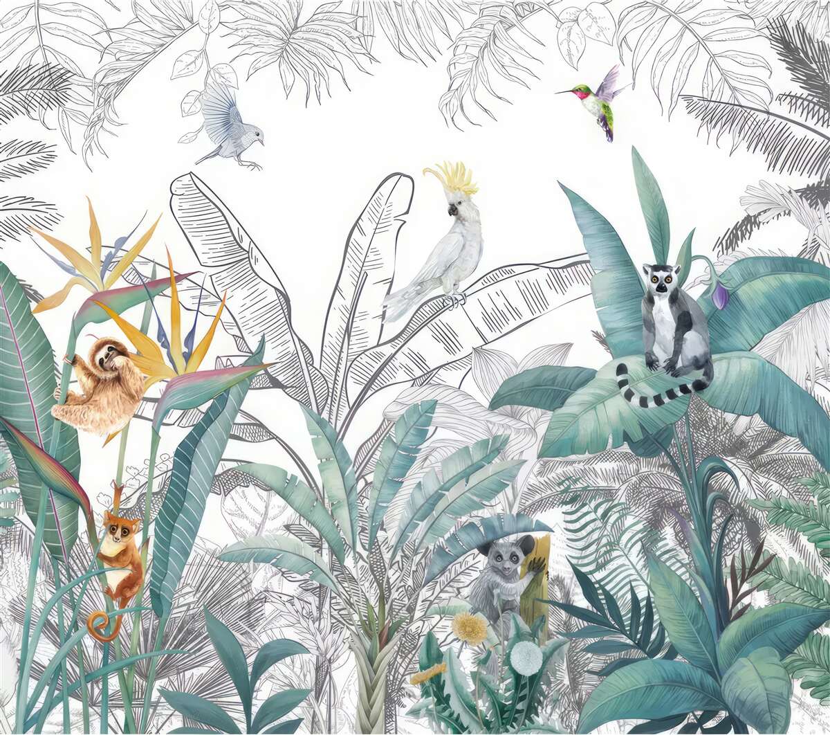 Fototapeta vtáky a zvieratá na rôznych listoch