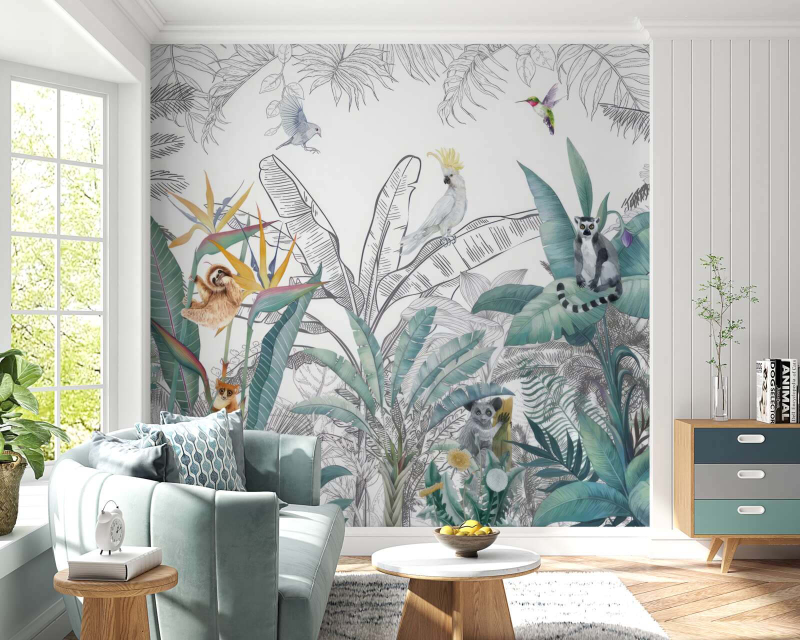 Fototapeta vtáky a zvieratá na rôznych listoch