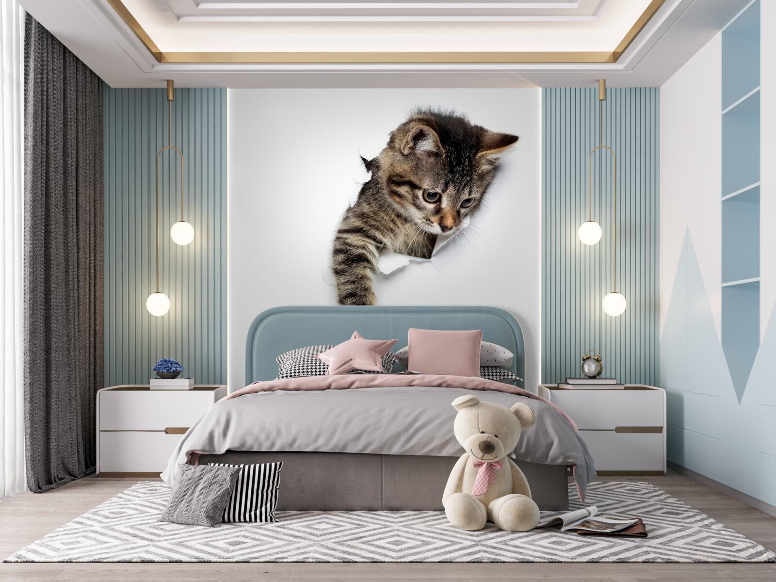 Fototapeta z bielej steny sa vynorí mačiatko