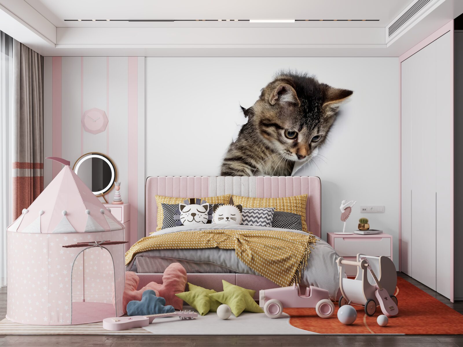 Fototapeta z bielej steny sa vynorí mačiatko