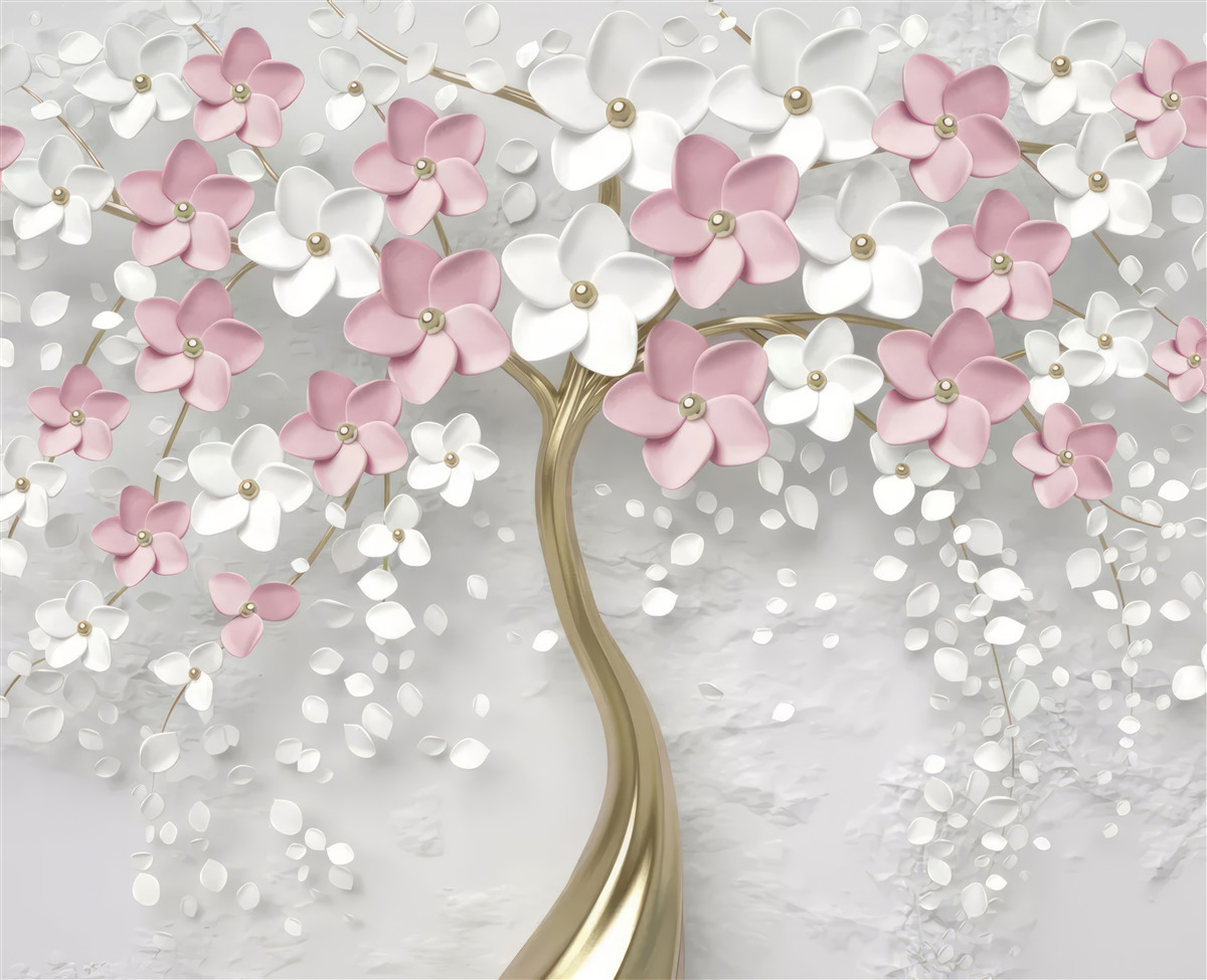 Fototapeta malé kvety v bielej a ružovej farbe na strome so zlatými listami