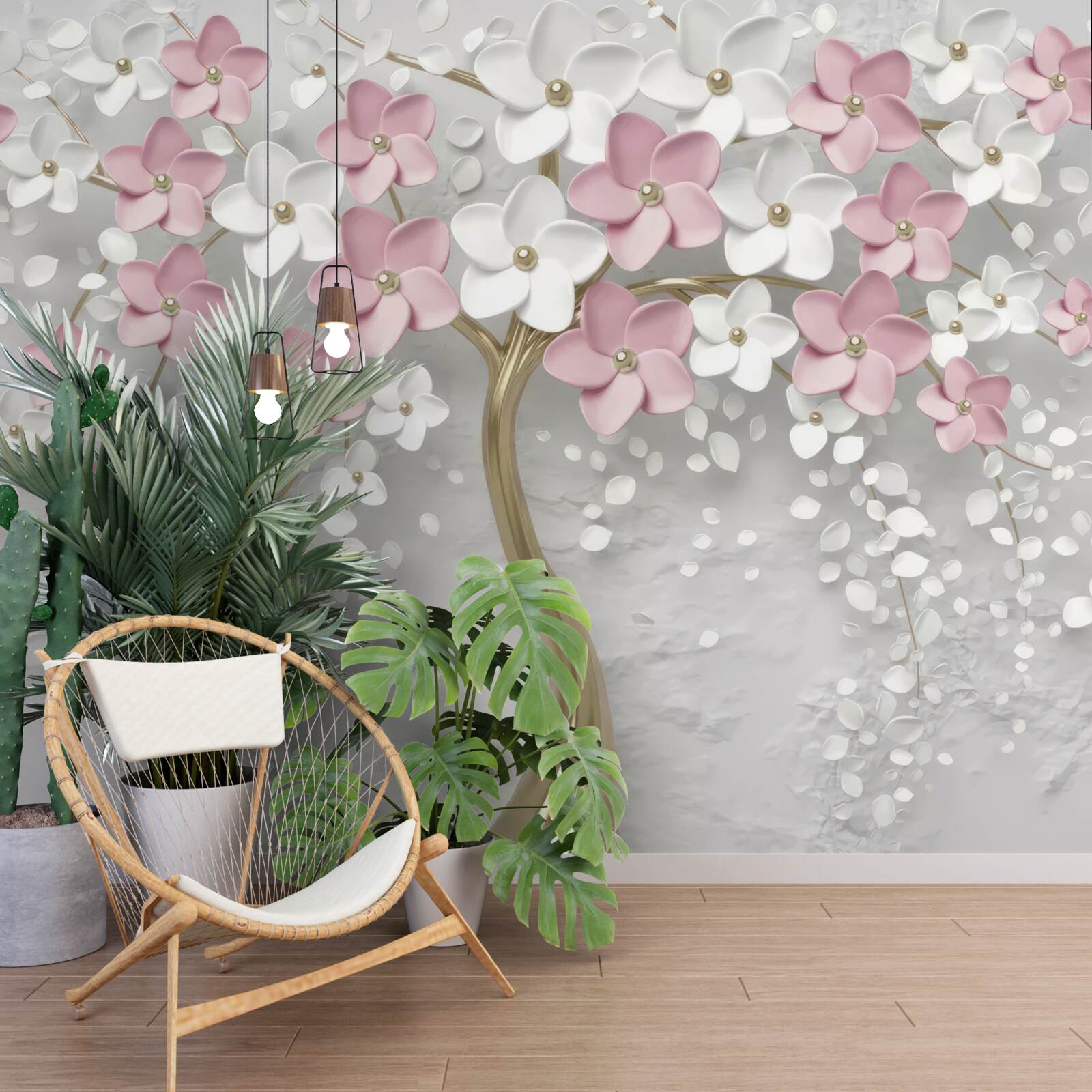 Fototapeta malé kvety v bielej a ružovej farbe na strome so zlatými listami