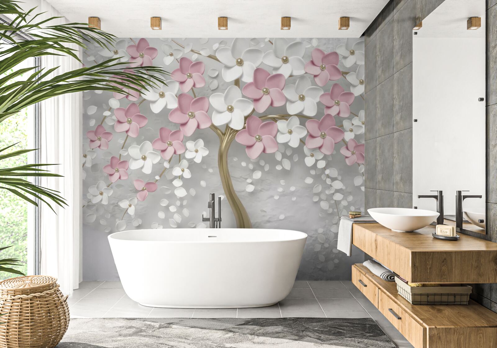 Fototapeta malé kvety v bielej a ružovej farbe na strome so zlatými listami