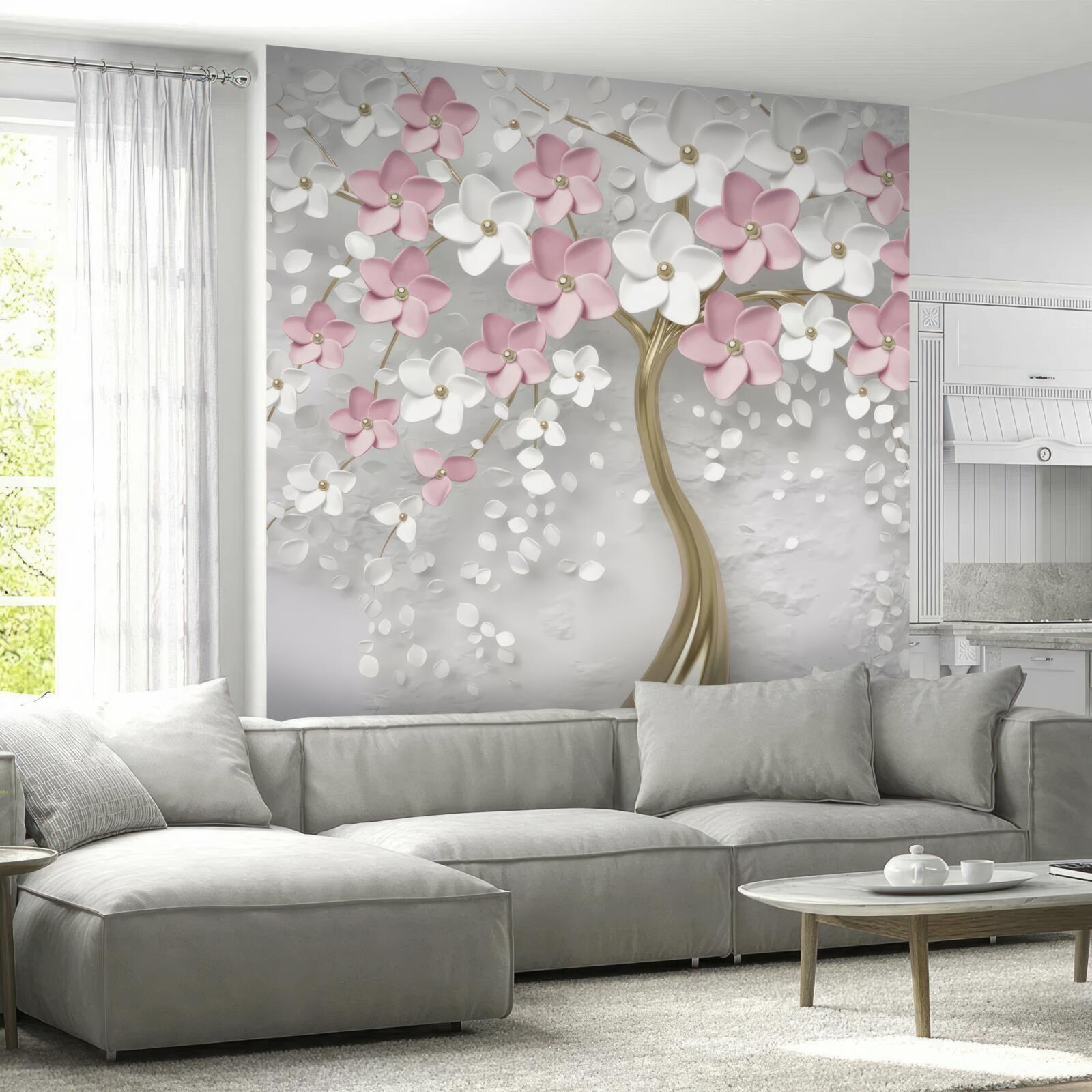 Fototapeta malé kvety v bielej a ružovej farbe na strome so zlatými listami