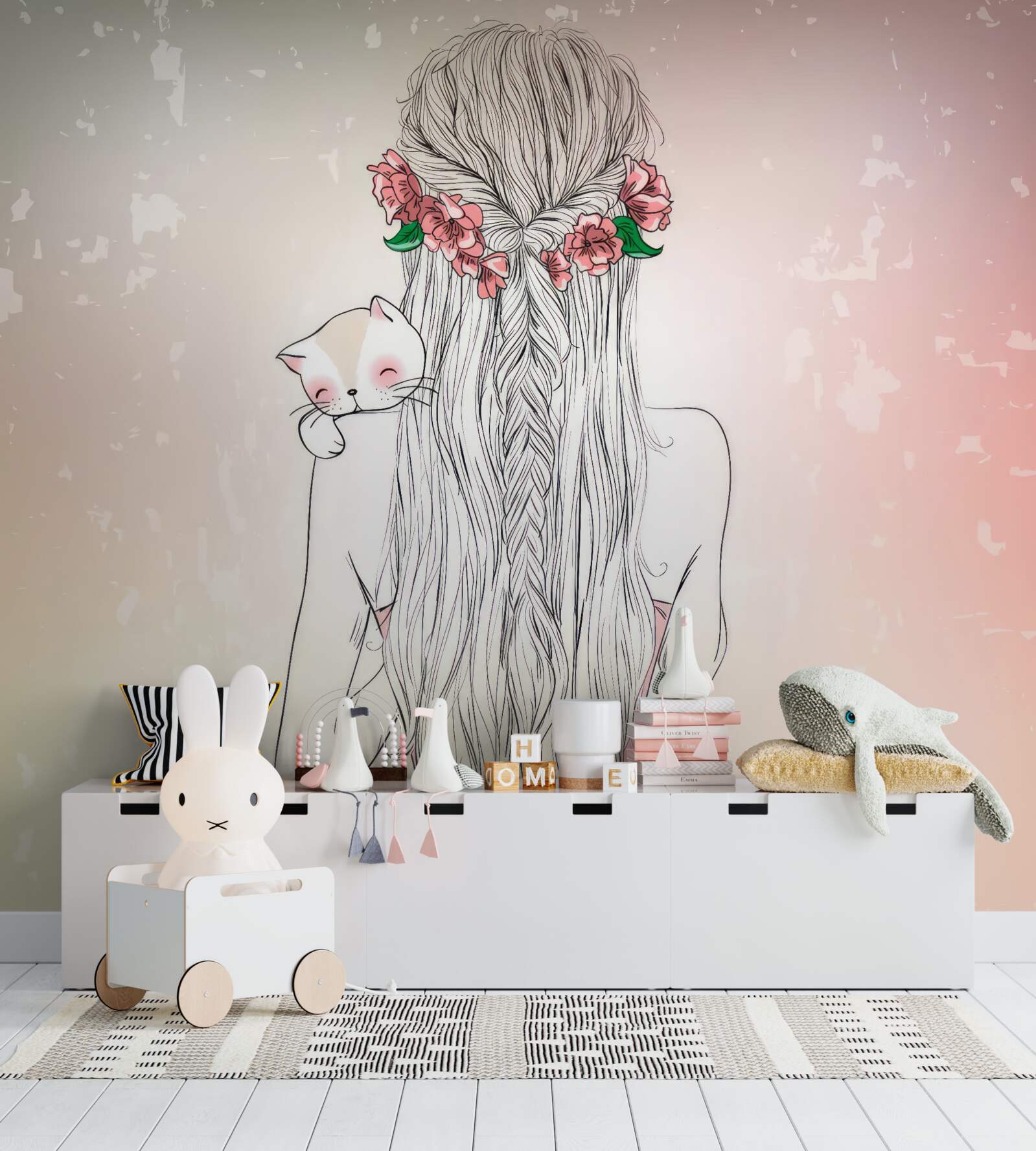 Fototapeta dievča stojí dozadu a v rukách drží mačku