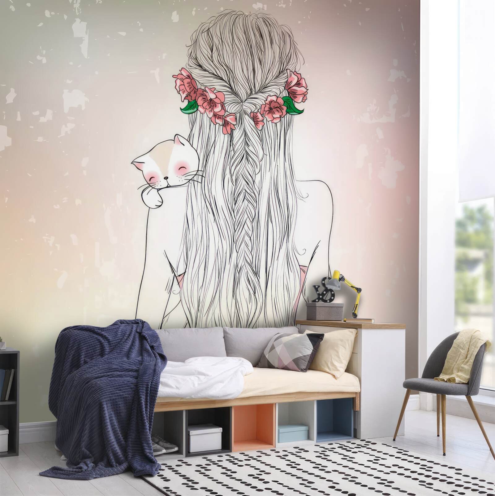 Fototapeta dievča stojí dozadu a v rukách drží mačku