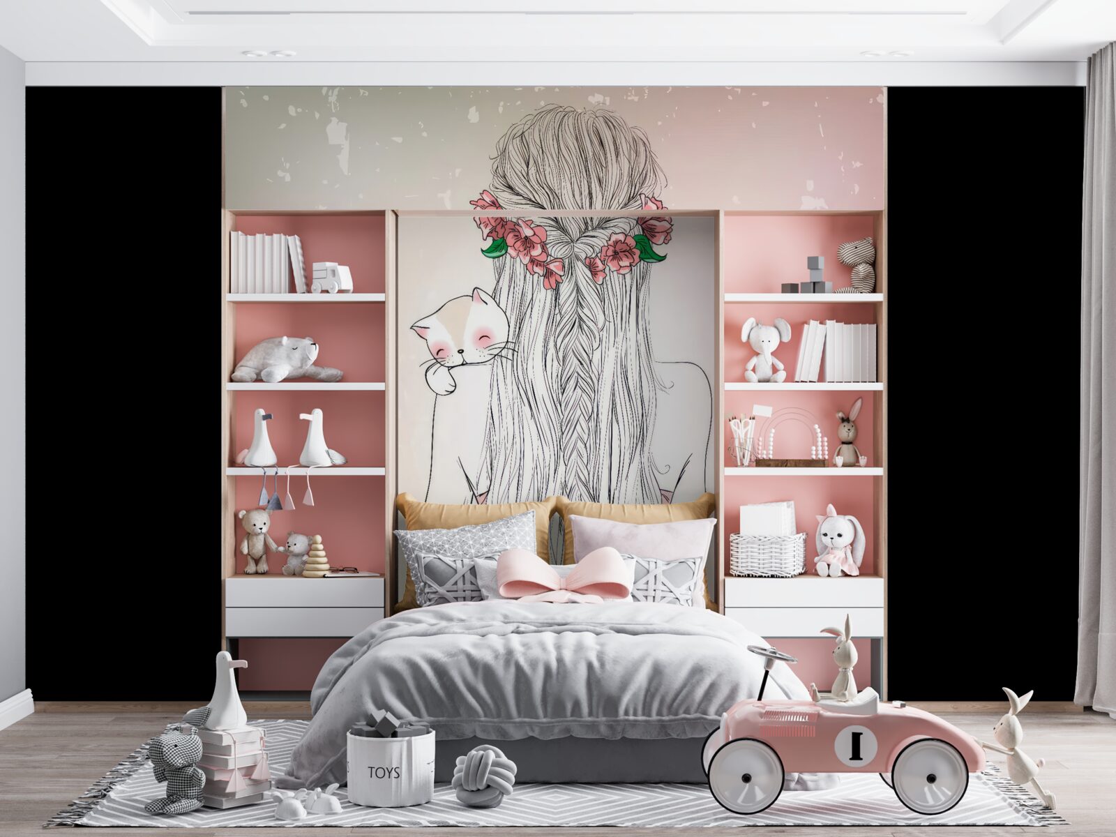 Fototapeta dievča stojí dozadu a v rukách drží mačku