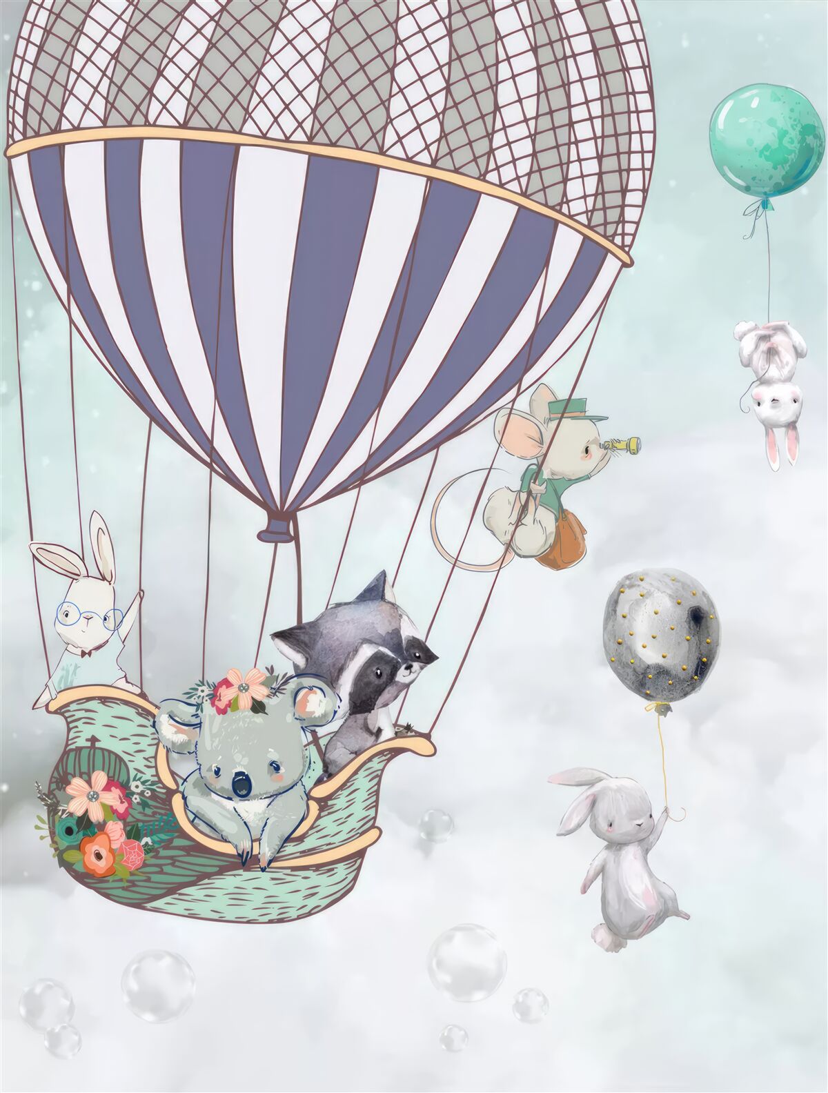 Fototapeta zvieratká cestujú v teplovzdušnom balóne s balónikmi plávajúcimi vedľa nich