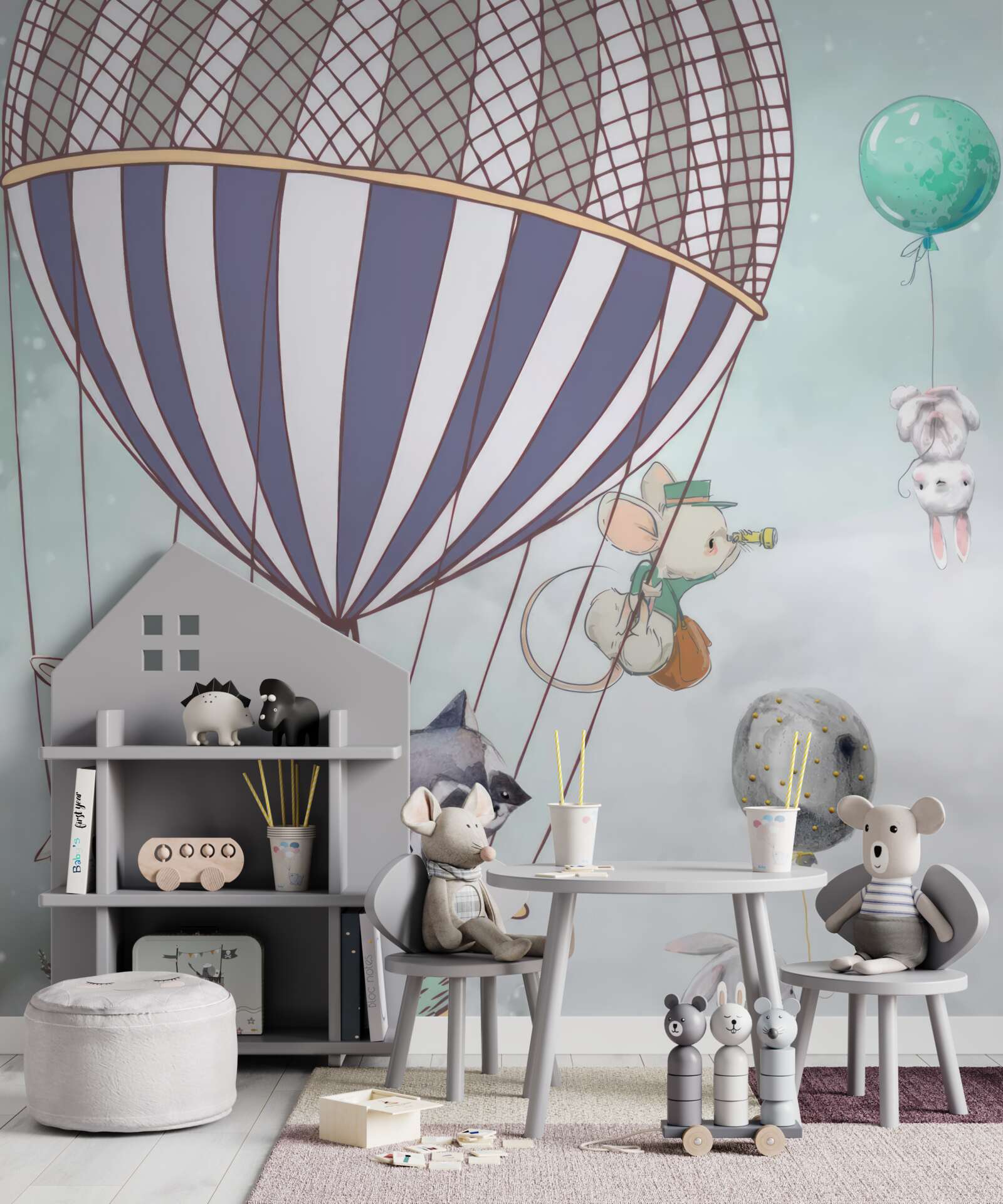 Fototapeta zvieratká cestujú v teplovzdušnom balóne s balónikmi plávajúcimi vedľa nich