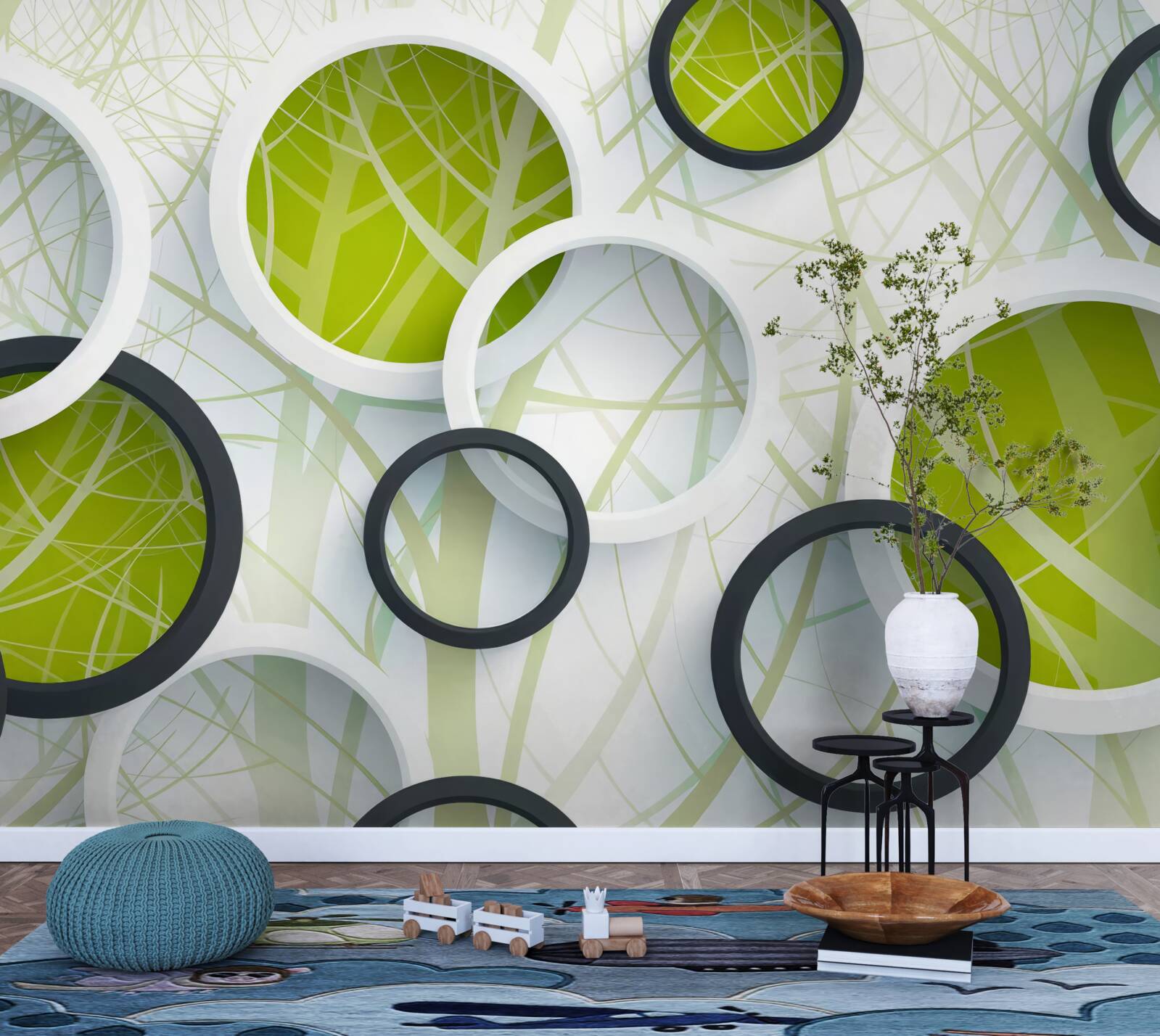 Fototapeta pozadie pozostávajúce z objemných čiernych a bielych kruhov