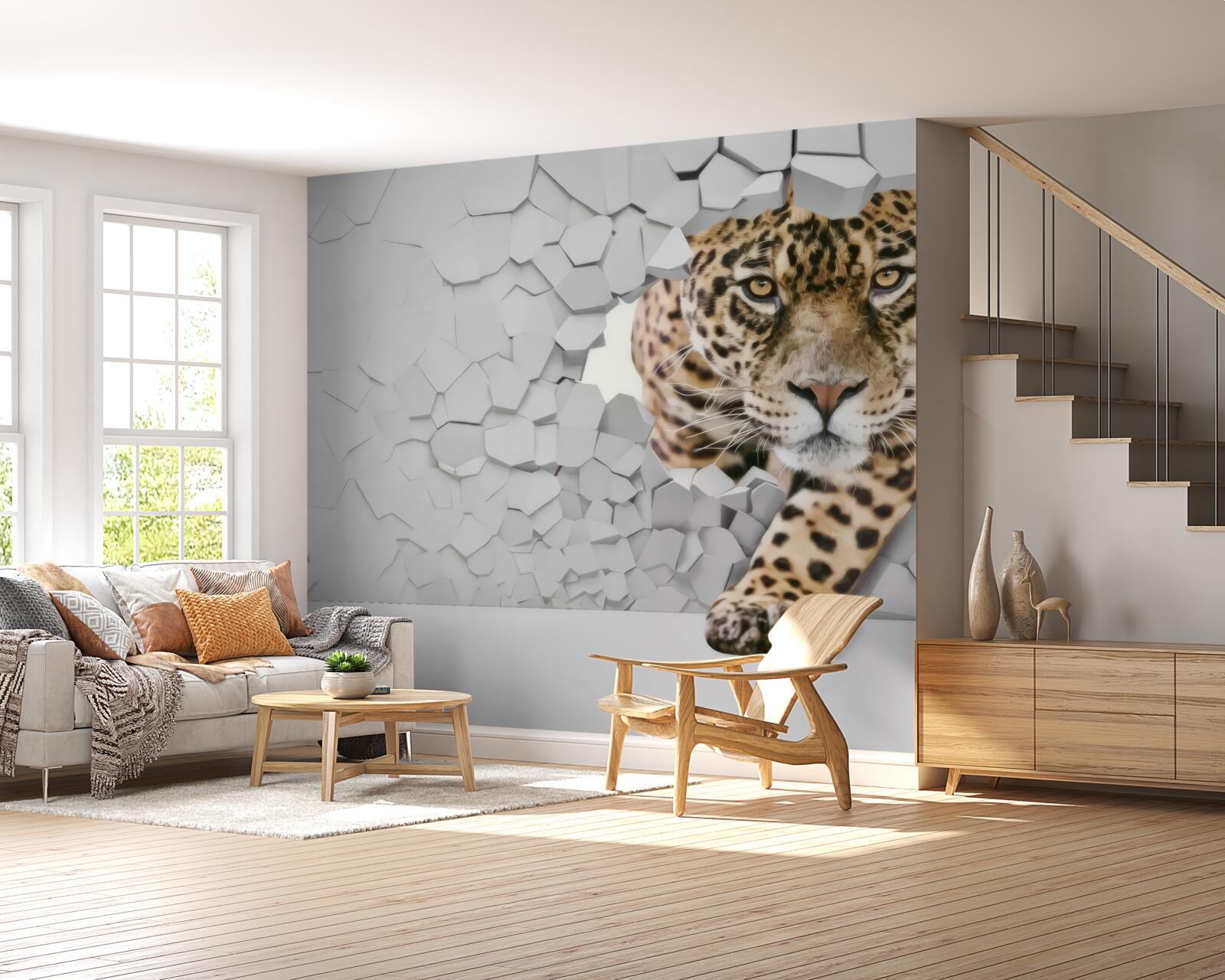 Fototapeta z bielej steny vychádza leopard