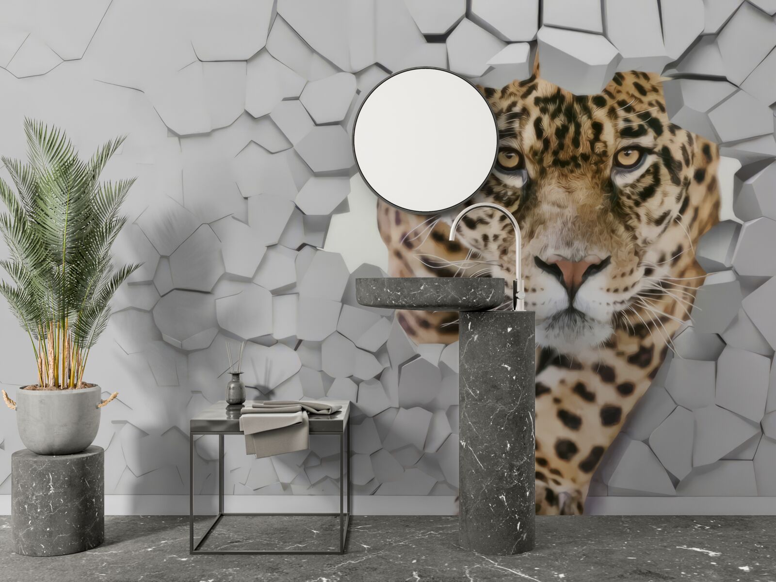 Fototapeta z bielej steny vychádza leopard