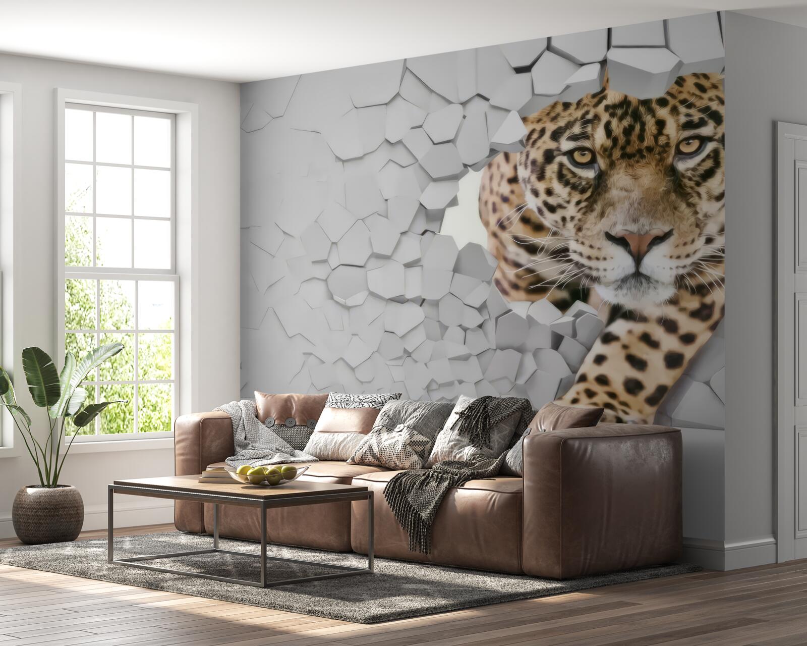 Fototapeta z bielej steny vychádza leopard