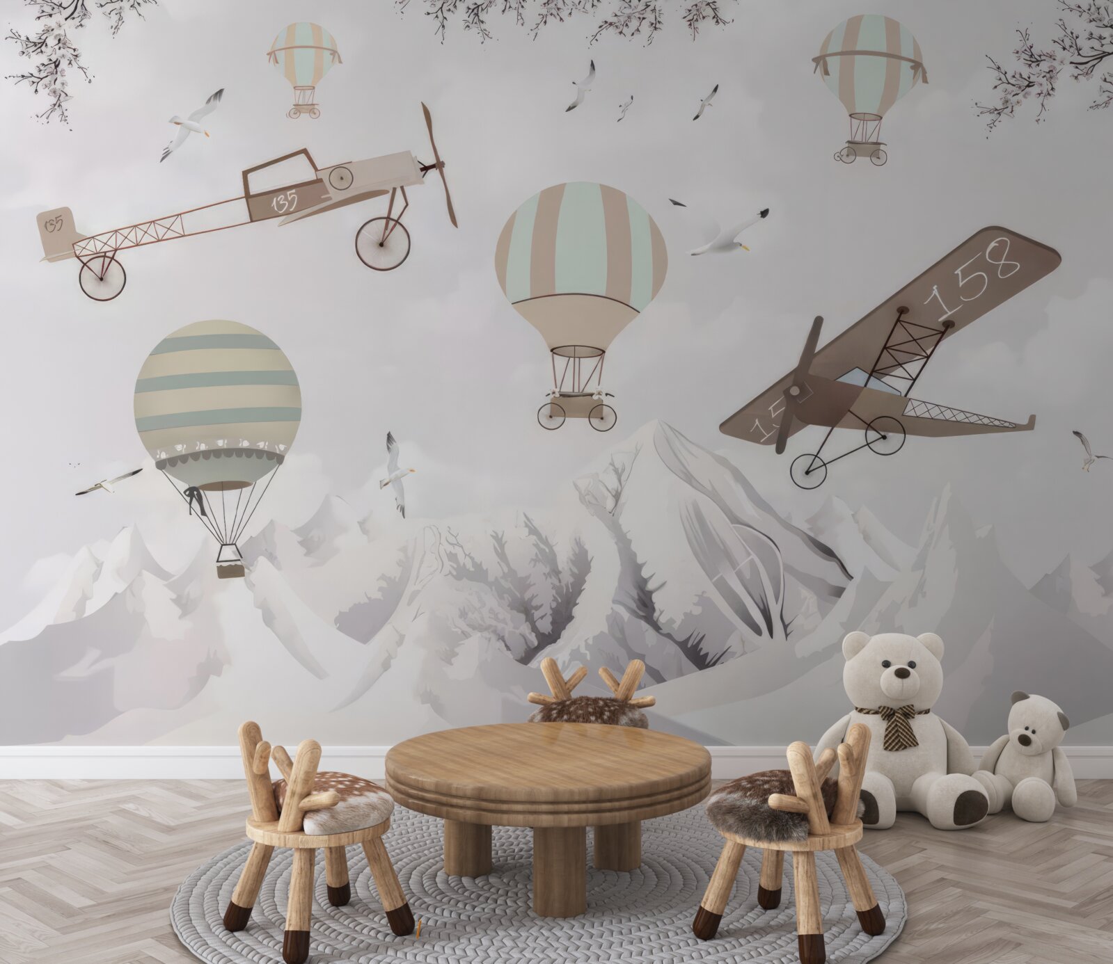 Fototapeta ponad hory lietajú rôzne lietadlá