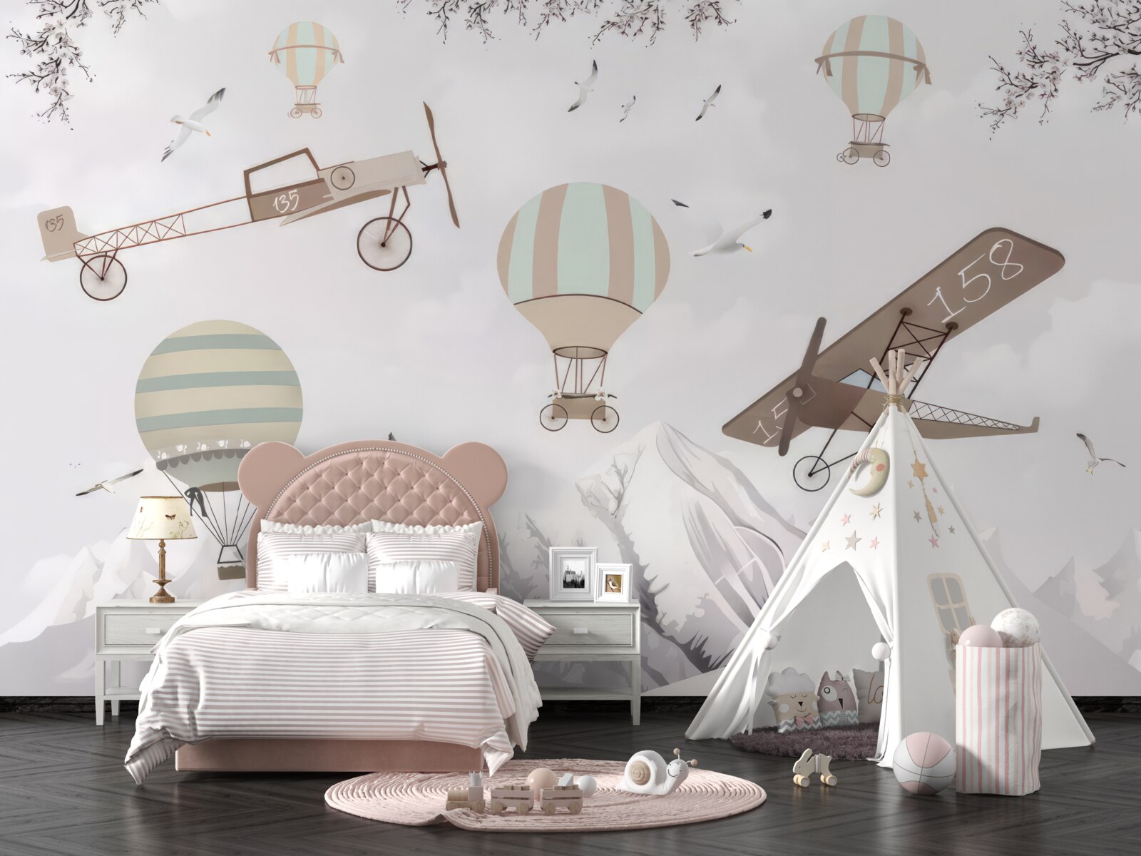 Fototapeta ponad hory lietajú rôzne lietadlá