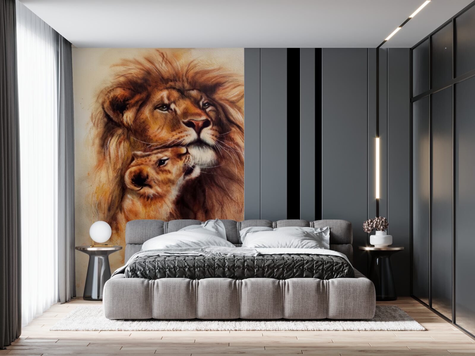 Fototapeta dospelý lev a jeho mláďatá