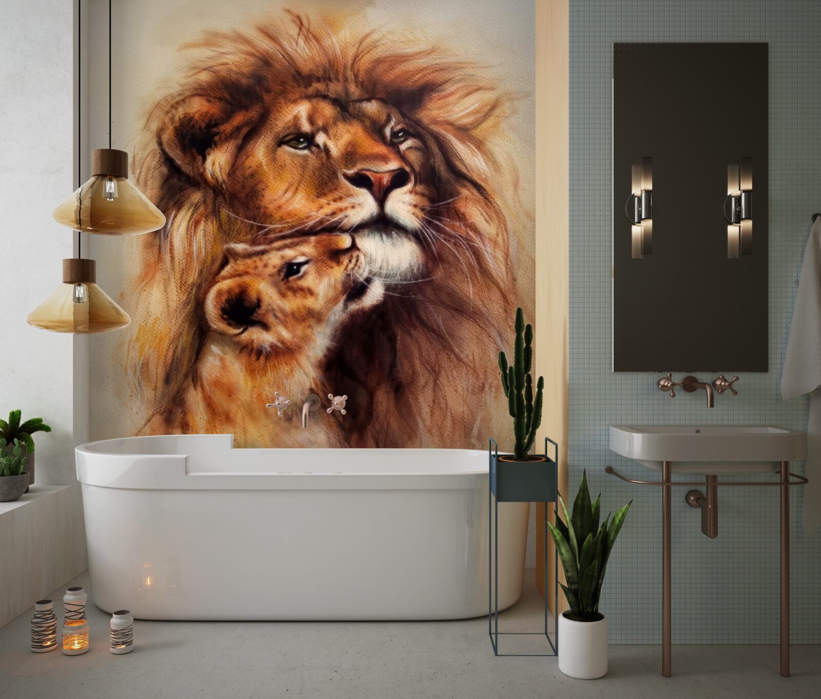 Fototapeta dospelý lev a jeho mláďatá