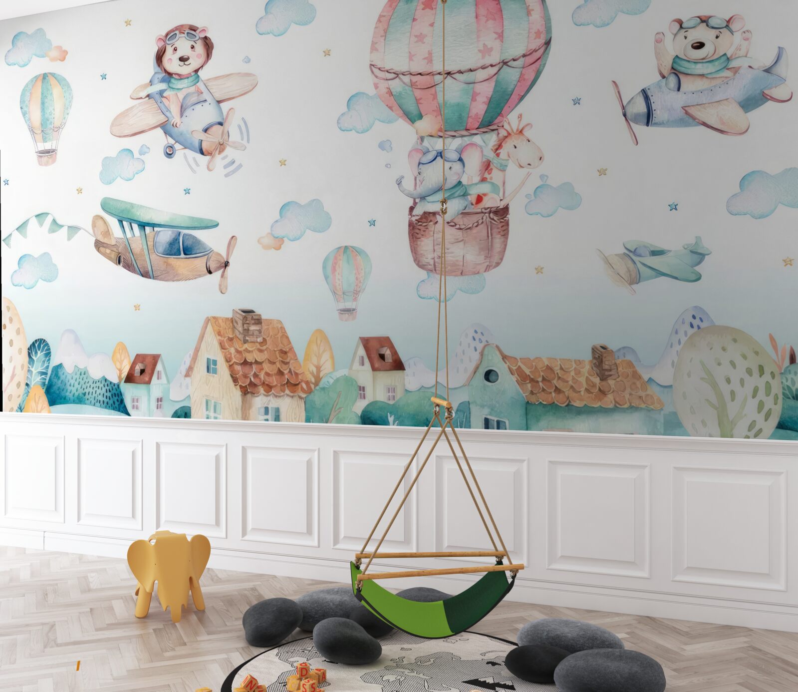 Fototapeta zvieratá lietajú nad domami vo vozidlách