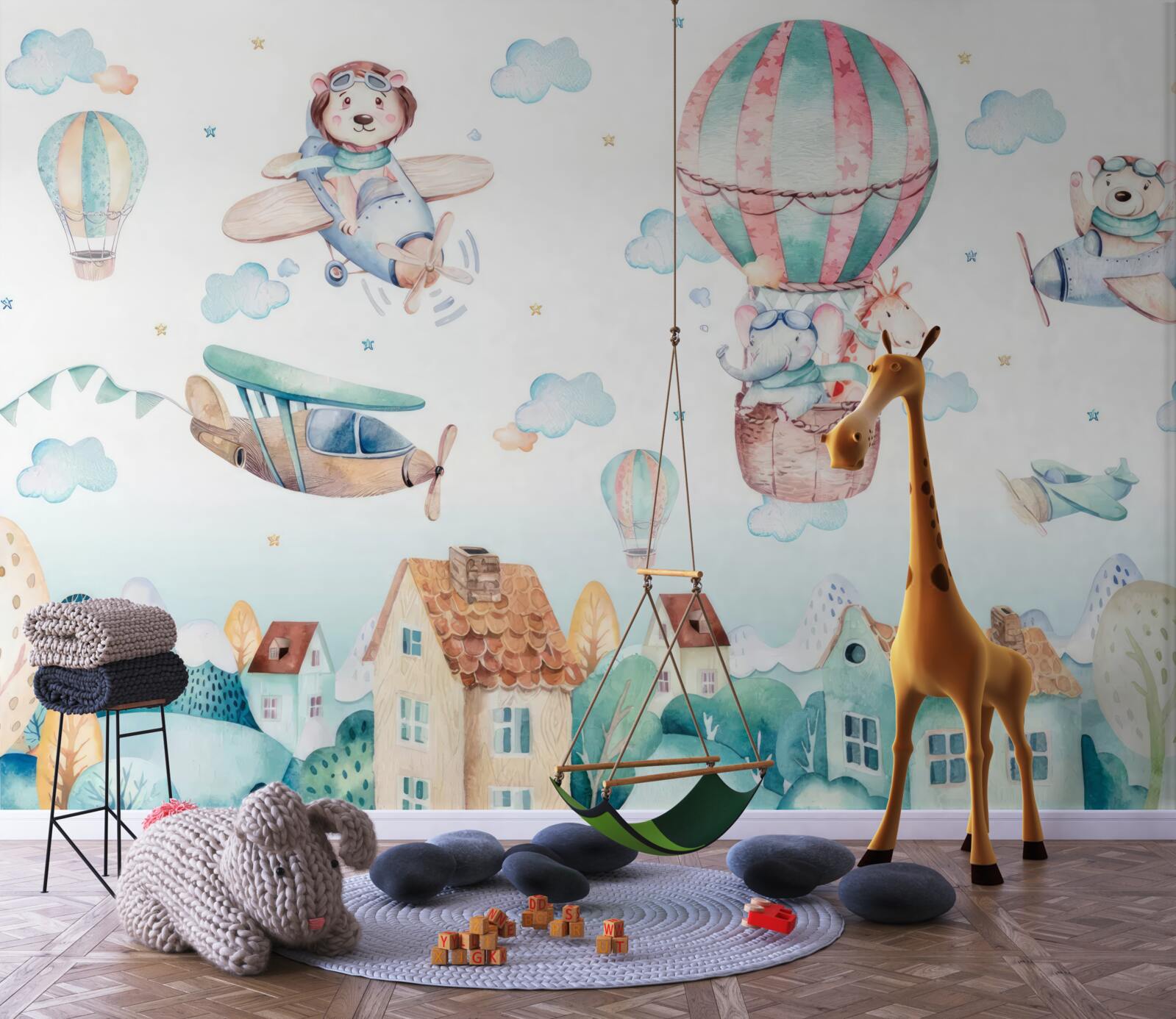 Fototapeta zvieratá lietajú nad domami vo vozidlách