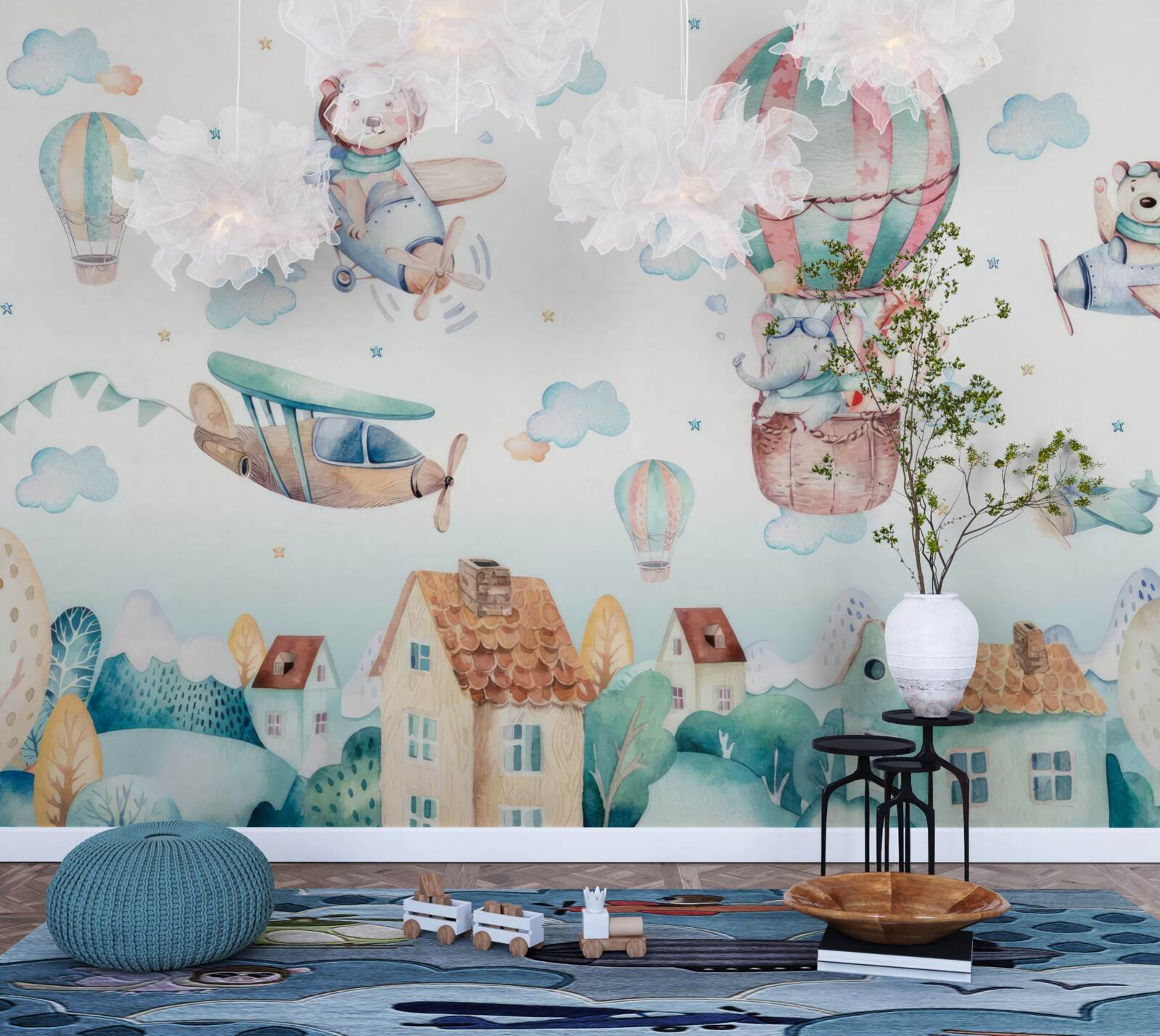 Fototapeta zvieratá lietajú nad domami vo vozidlách