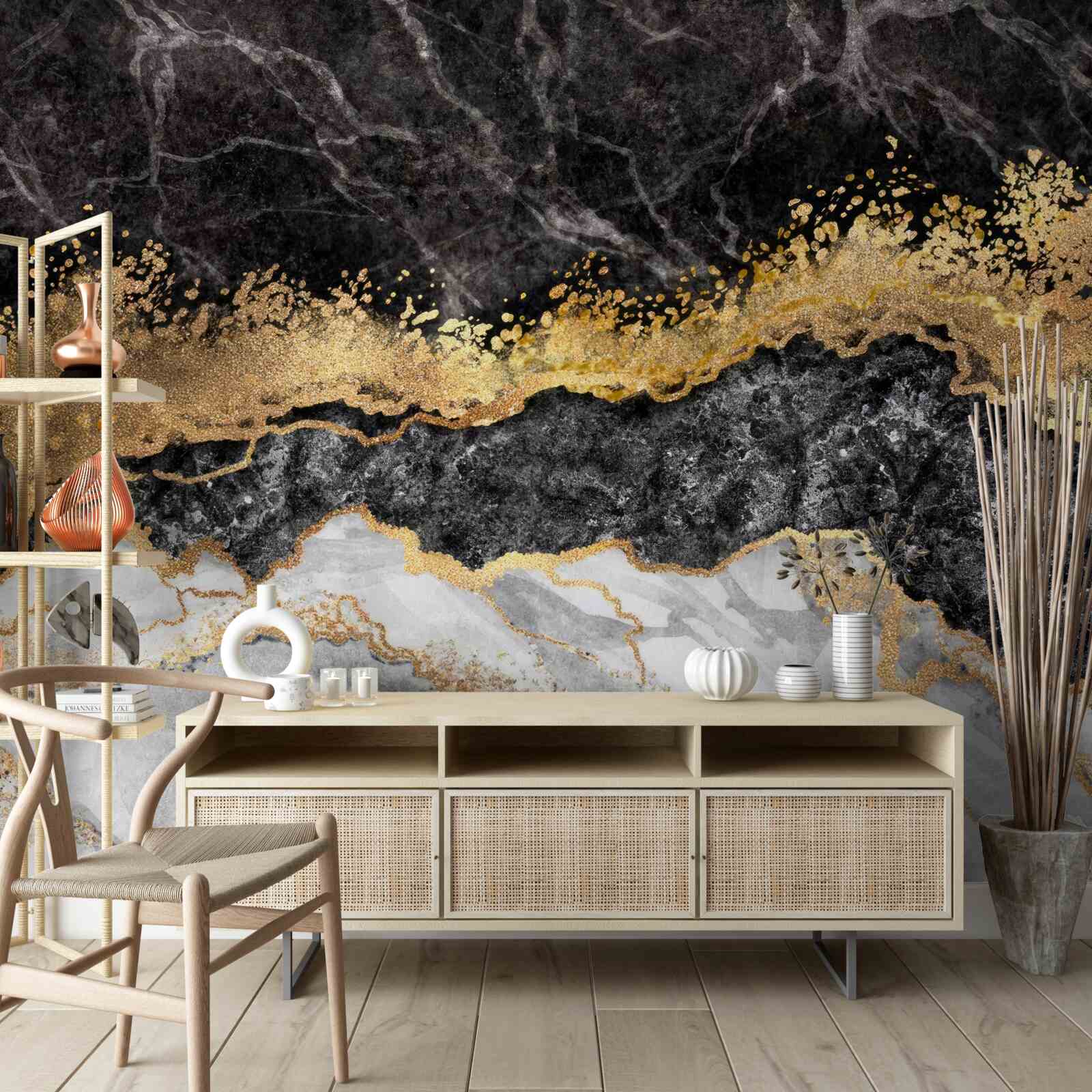 Fototapeta mramor v odtieňoch čiernej, bielej a zlatej