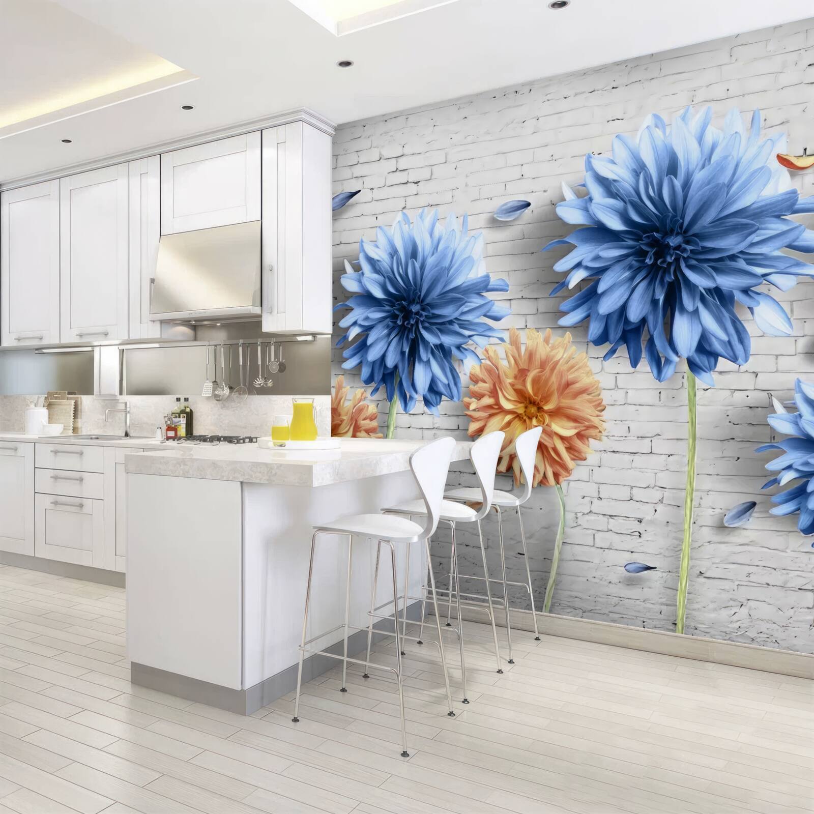 Fototapeta kvety v odtieňoch hnedej a modrej na tehlovom pozadí