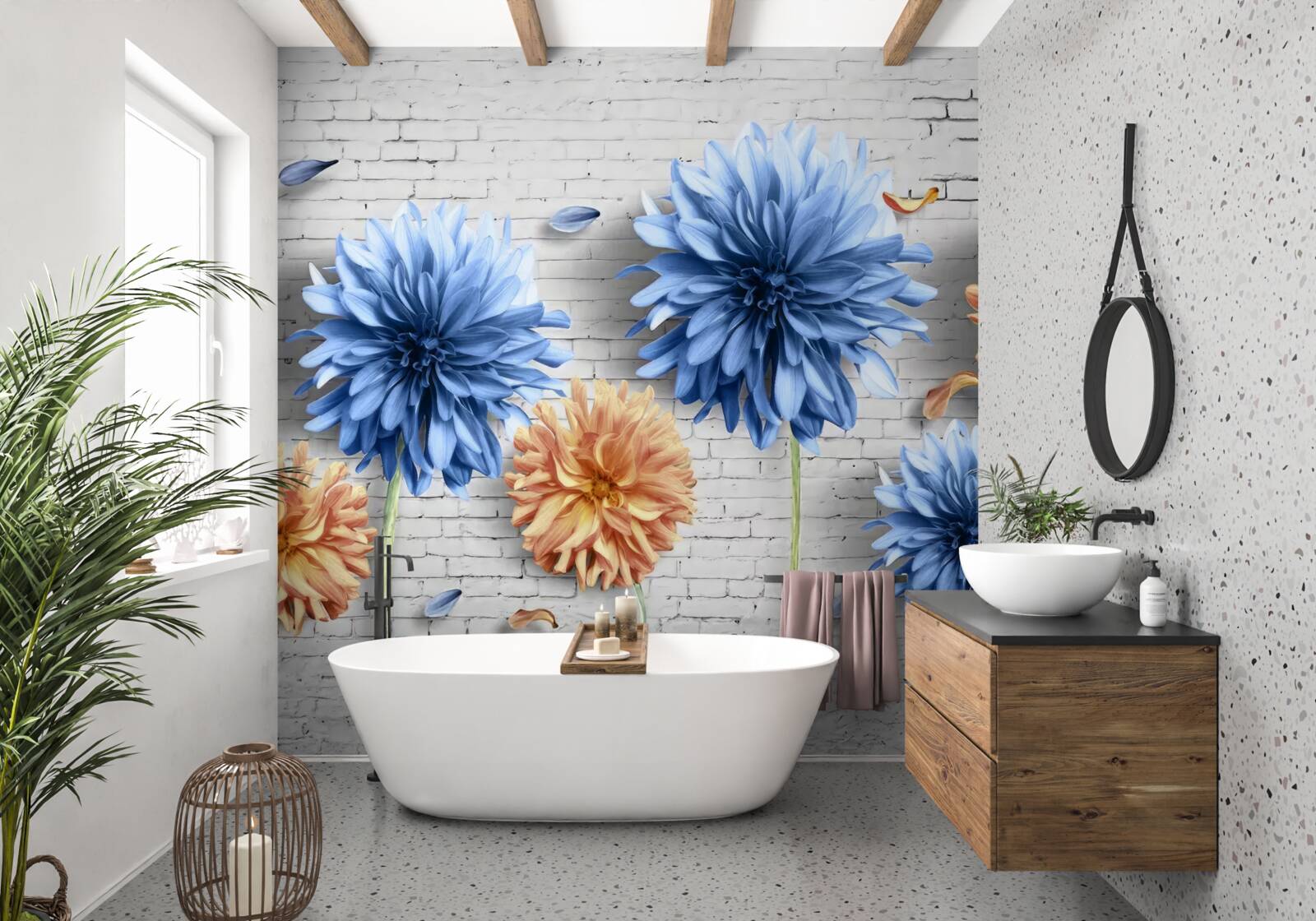 Fototapeta kvety v odtieňoch hnedej a modrej na tehlovom pozadí