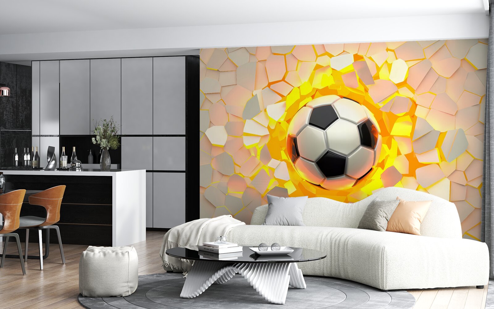 Fototapeta lopta prerazí stenu a vyžaruje zlatú žiaru