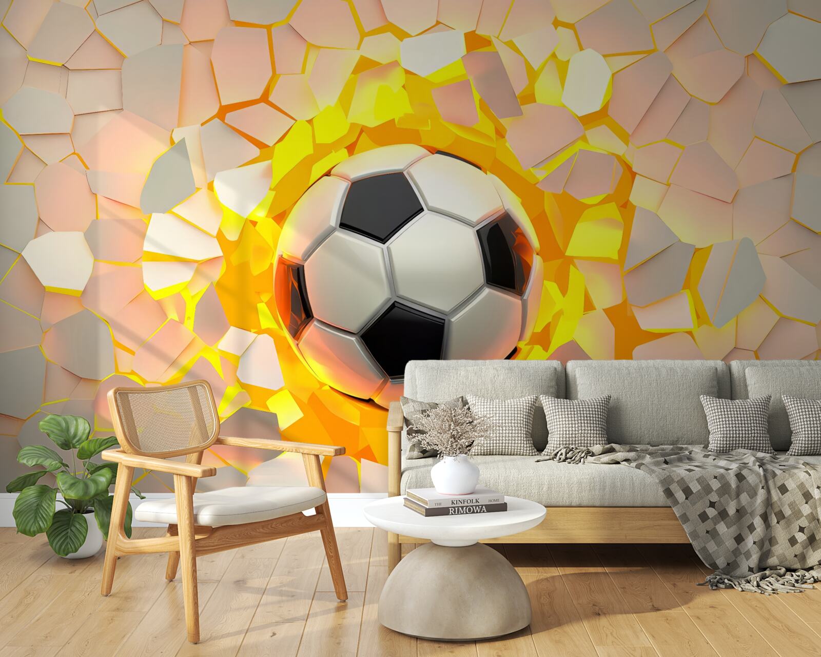 Fototapeta lopta prerazí stenu a vyžaruje zlatú žiaru