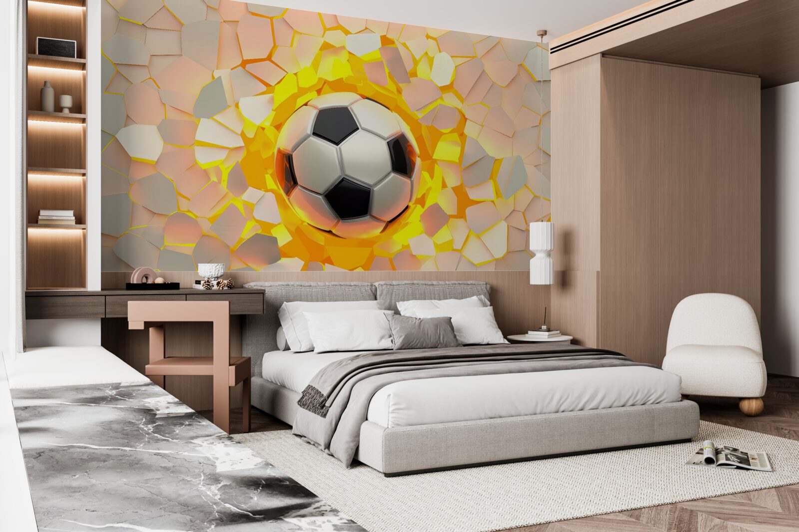 Fototapeta lopta prerazí stenu a vyžaruje zlatú žiaru