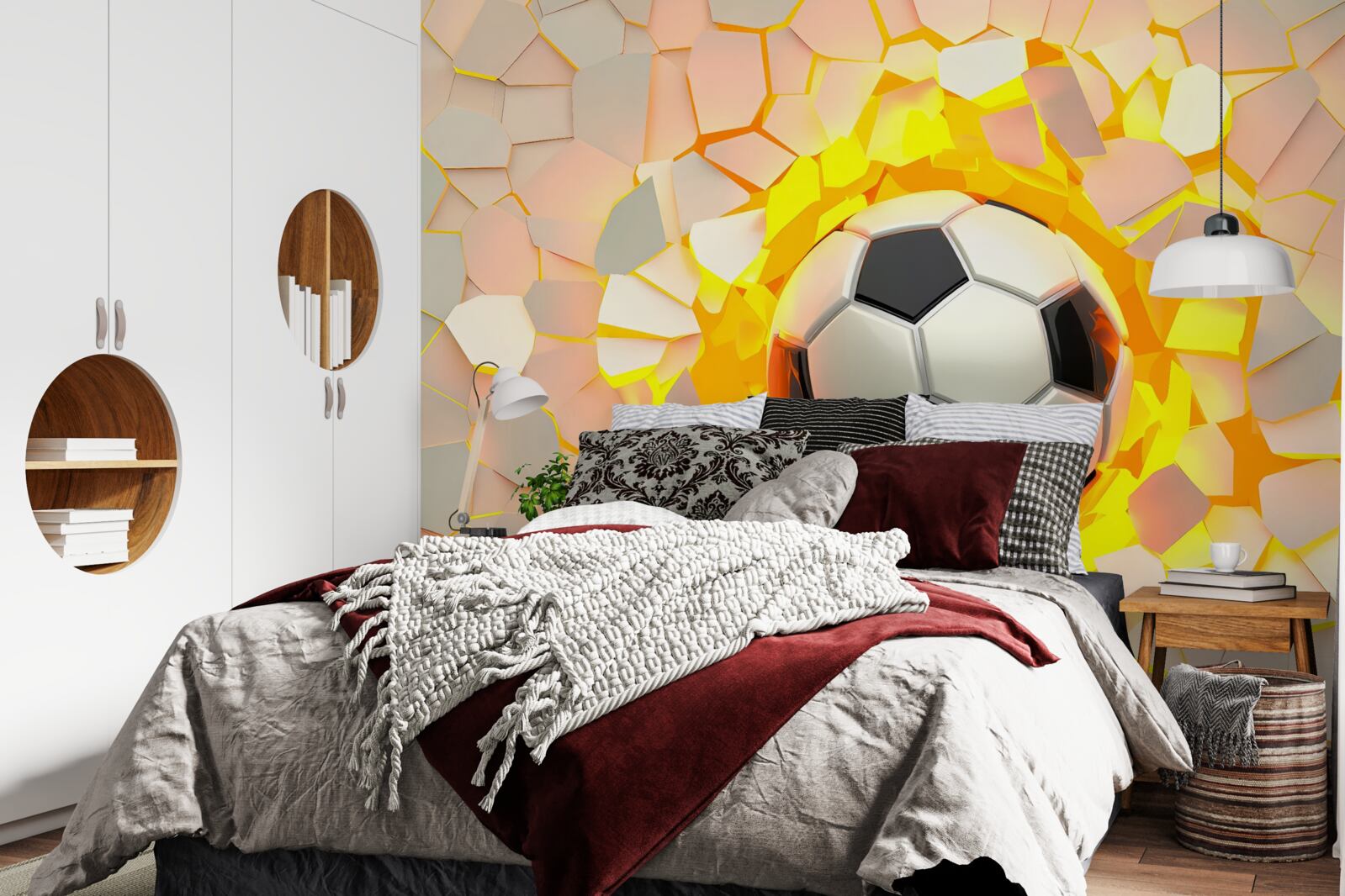 Fototapeta lopta prerazí stenu a vyžaruje zlatú žiaru