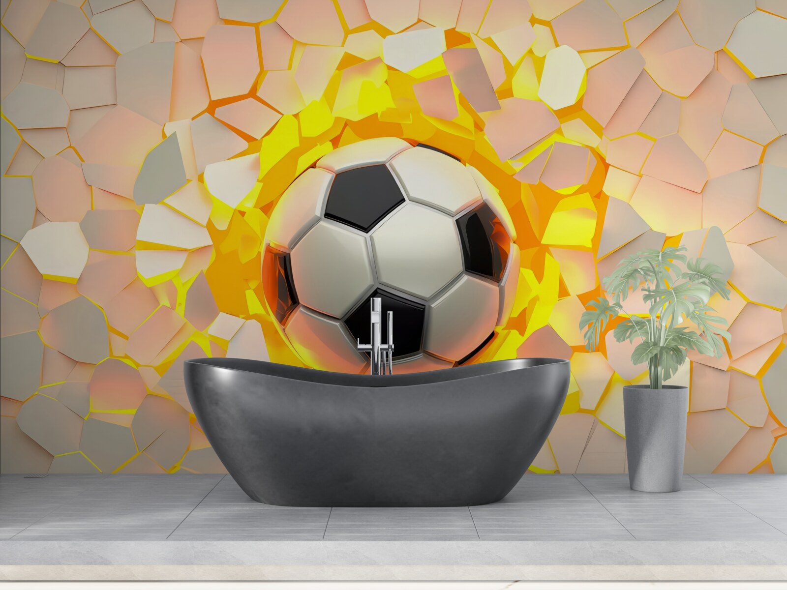 Fototapeta lopta prerazí stenu a vyžaruje zlatú žiaru