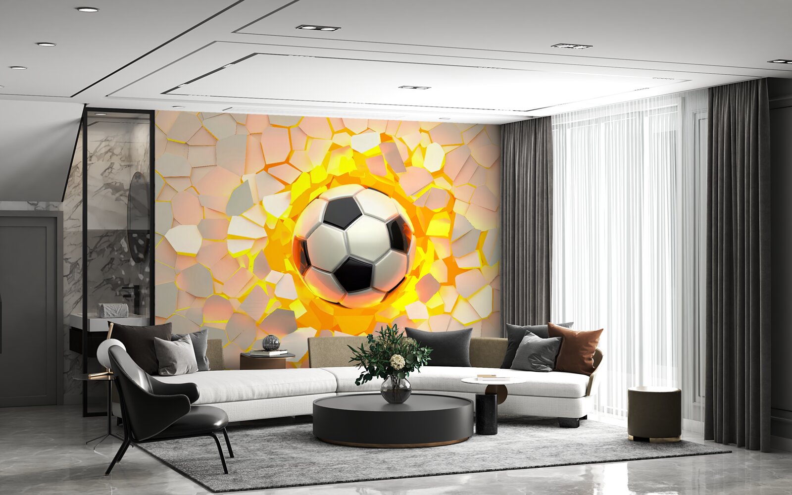 Fototapeta lopta prerazí stenu a vyžaruje zlatú žiaru
