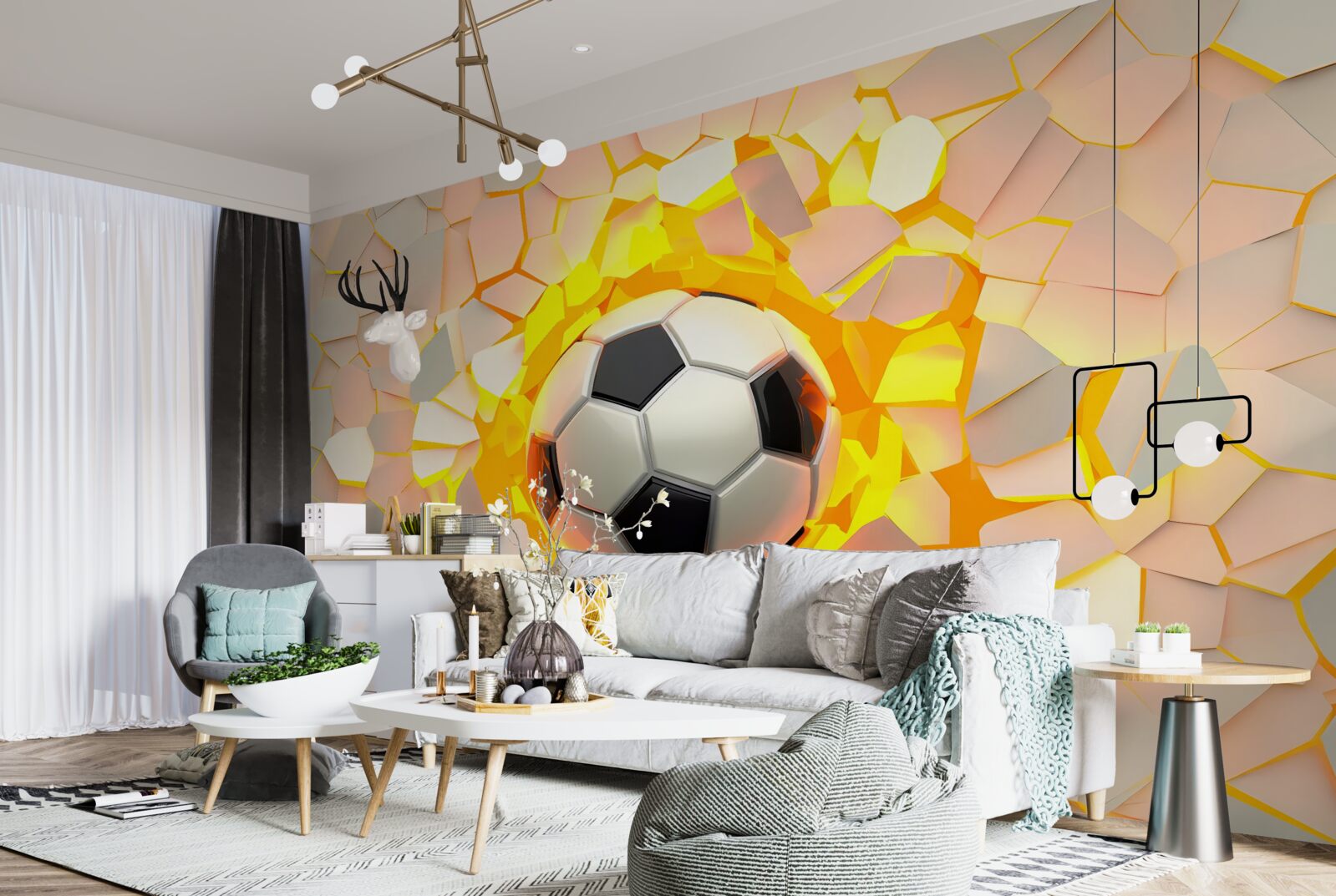 Fototapeta lopta prerazí stenu a vyžaruje zlatú žiaru