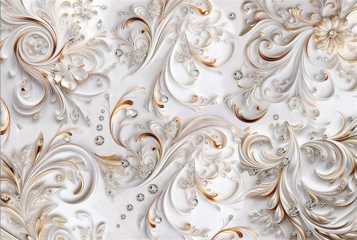 Fototapeta snehovo biele kvety so zlatými kudrlinami a volumetrickými prvkami