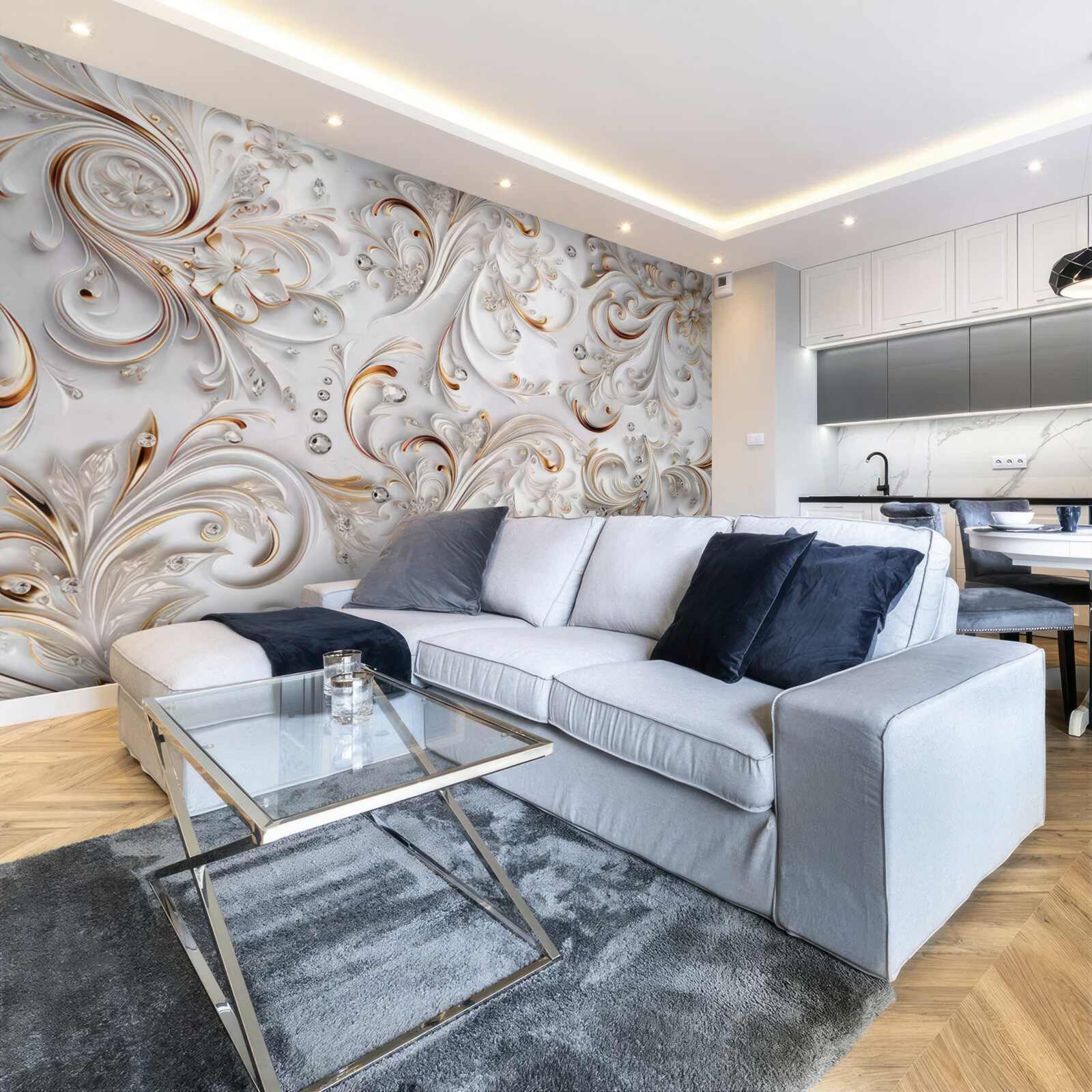 Fototapeta snehovo biele kvety so zlatými kudrlinami a volumetrickými prvkami