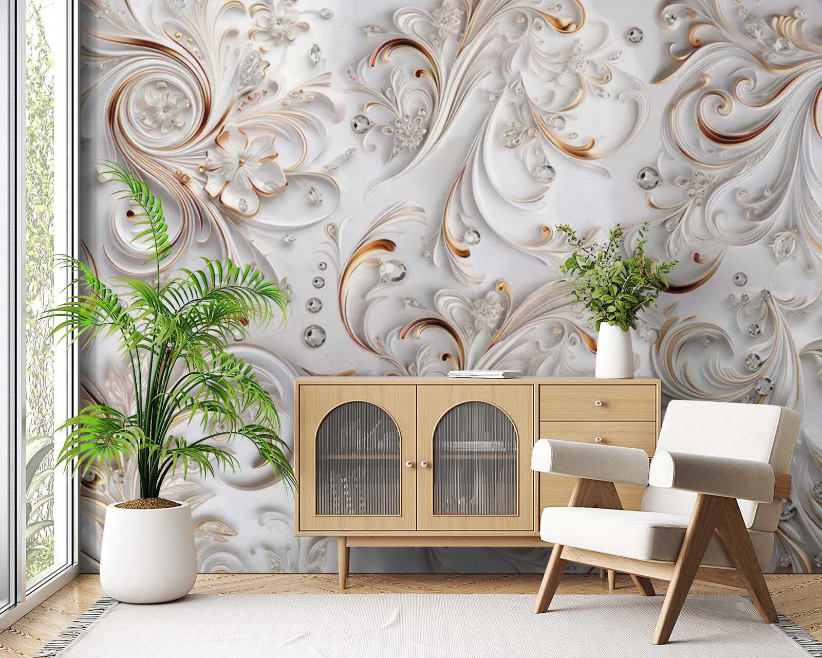 Fototapeta snehovo biele kvety so zlatými kudrlinami a volumetrickými prvkami