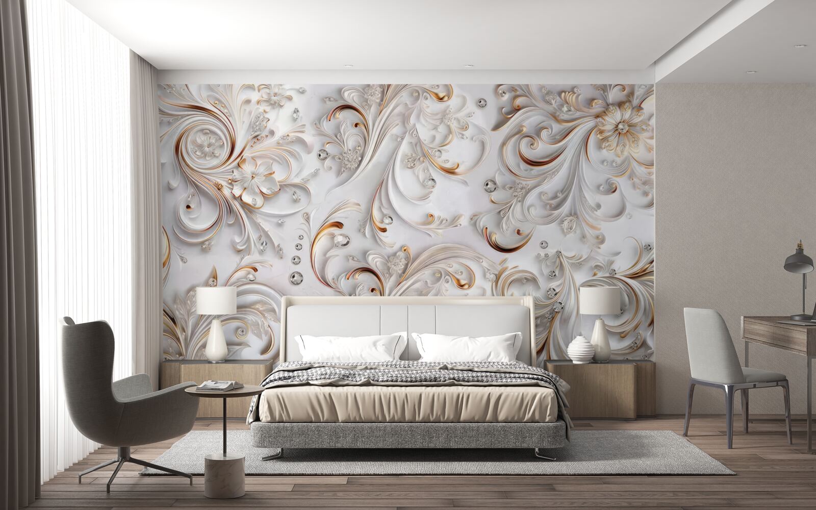 Fototapeta snehovo biele kvety so zlatými kudrlinami a volumetrickými prvkami