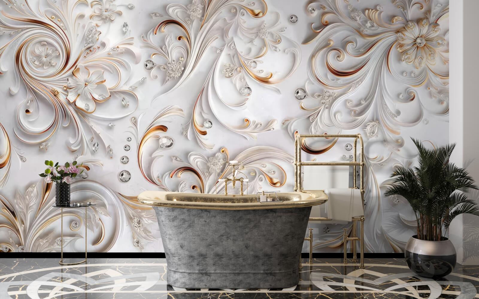 Fototapeta snehovo biele kvety so zlatými kudrlinami a volumetrickými prvkami