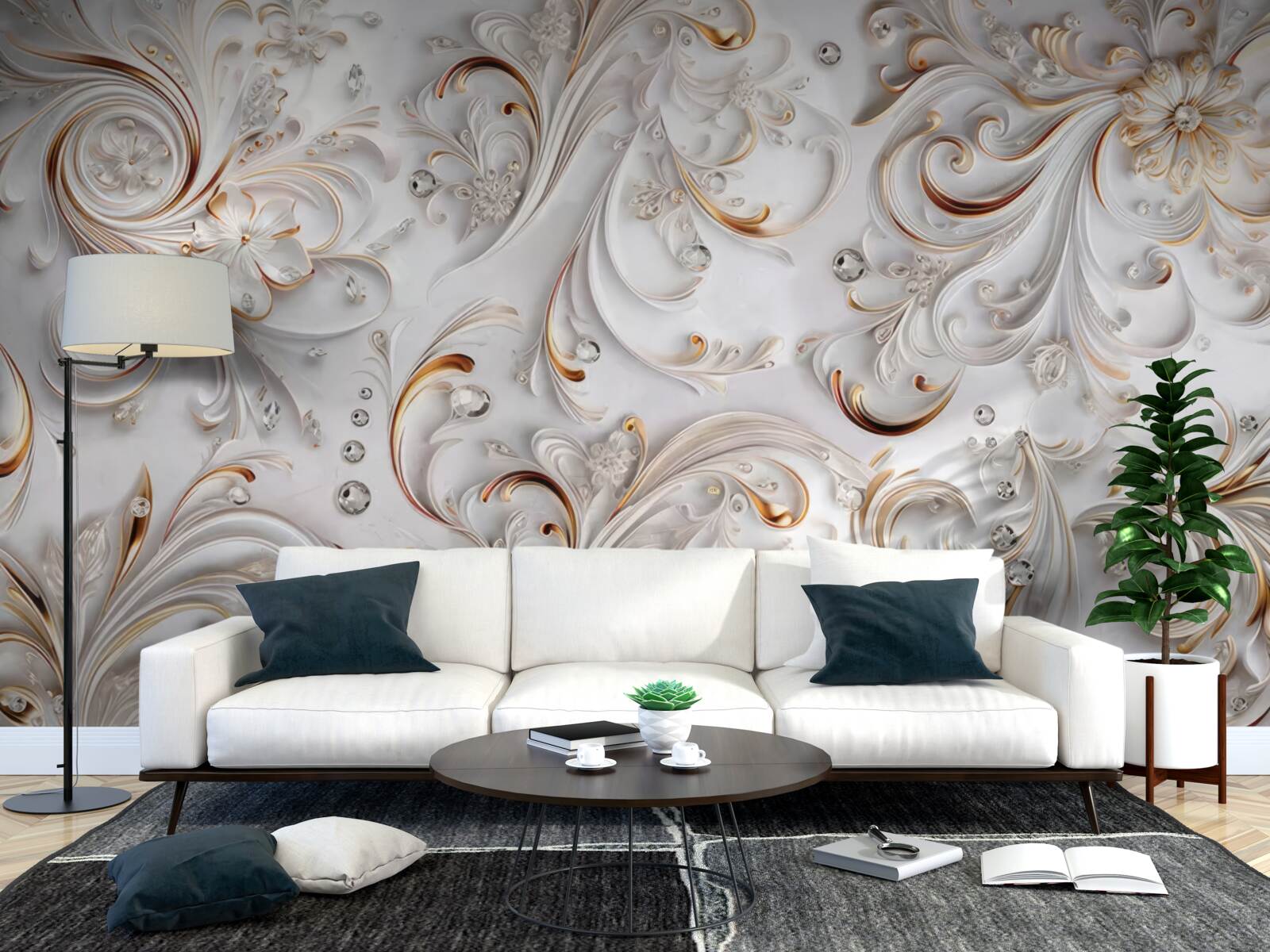 Fototapeta snehovo biele kvety so zlatými kudrlinami a volumetrickými prvkami