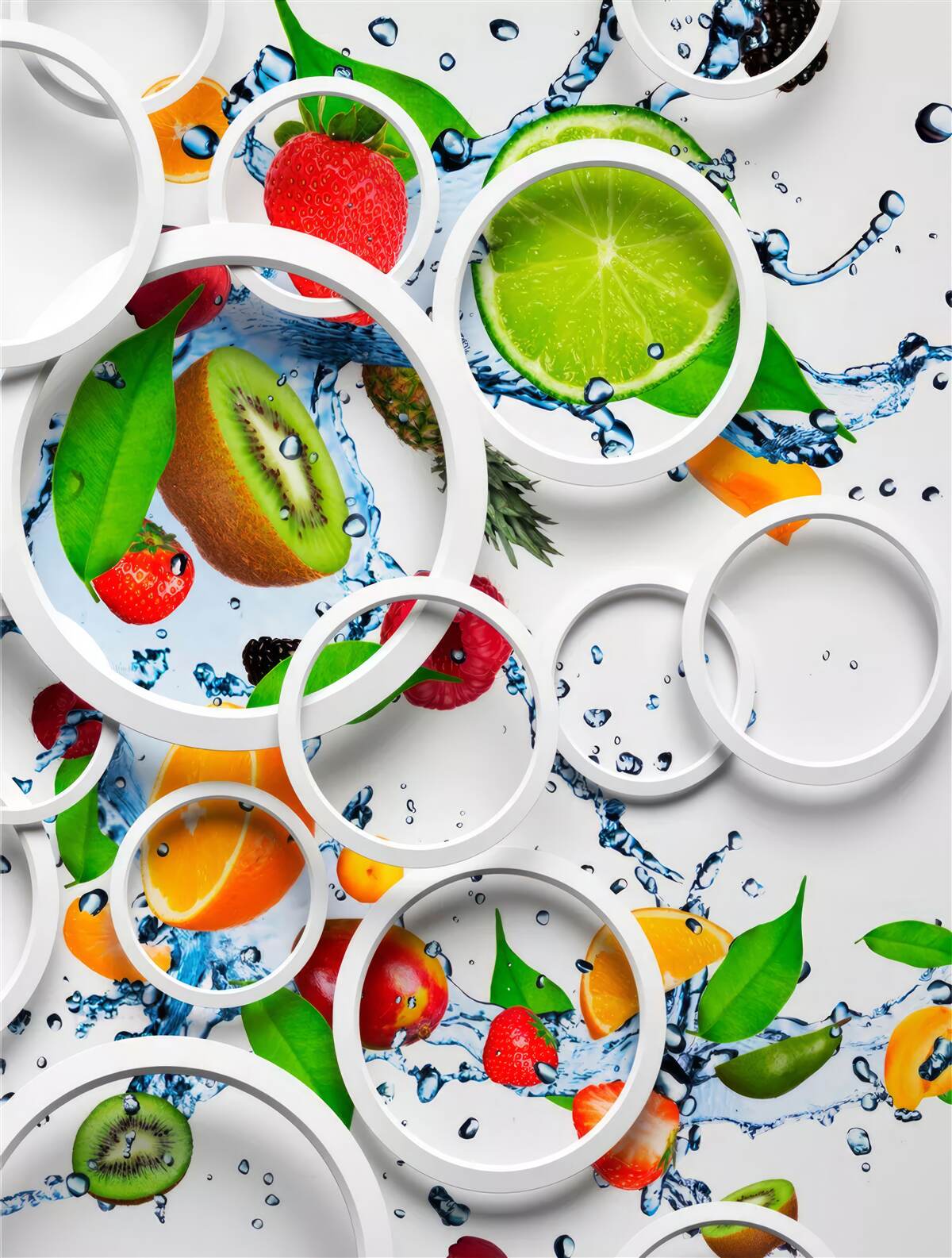 Fototapeta biele objemové kruhy a ovocie