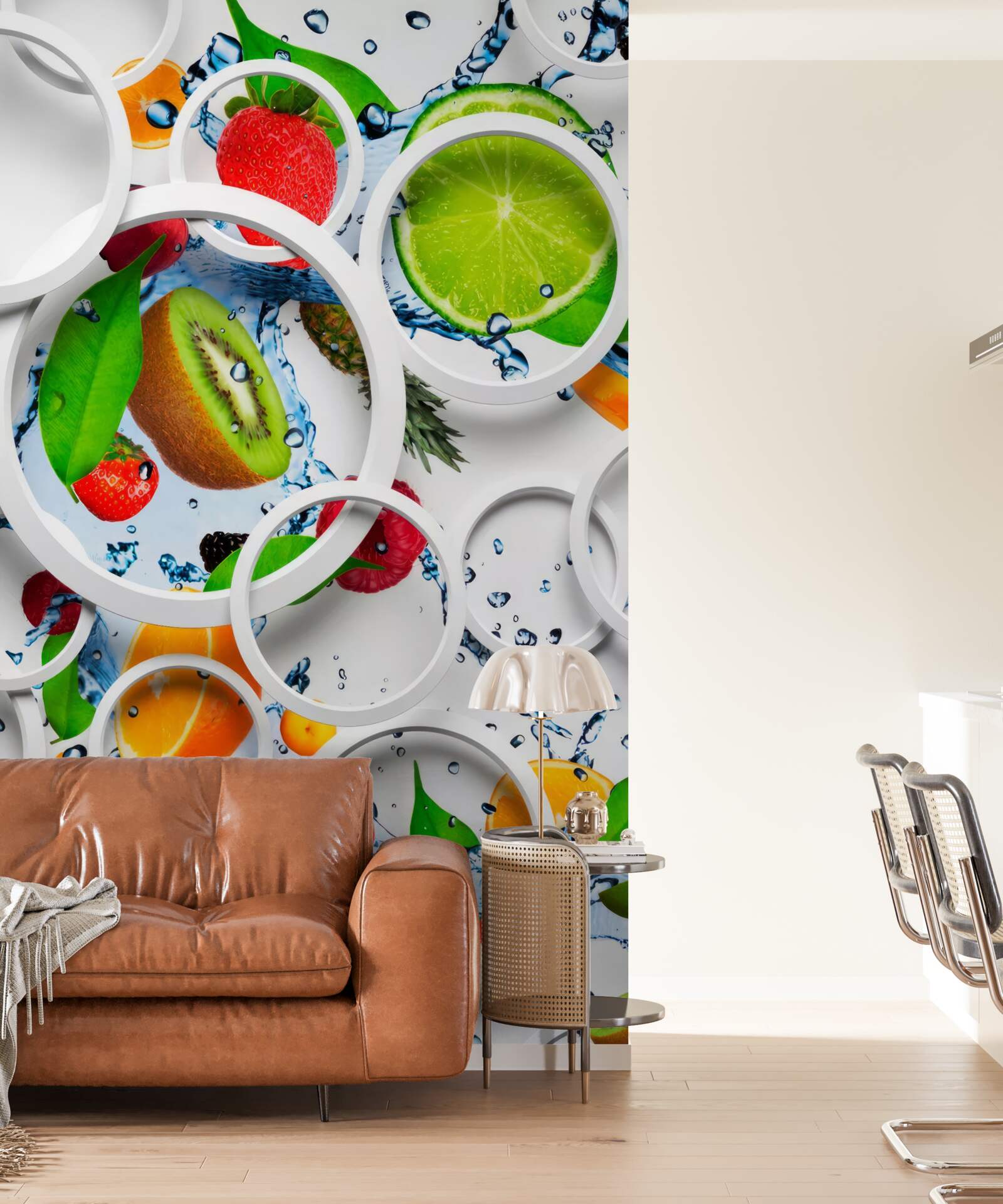 Fototapeta biele objemové kruhy a ovocie