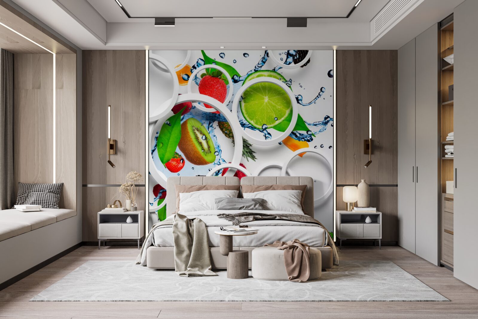 Fototapeta biele objemové kruhy a ovocie