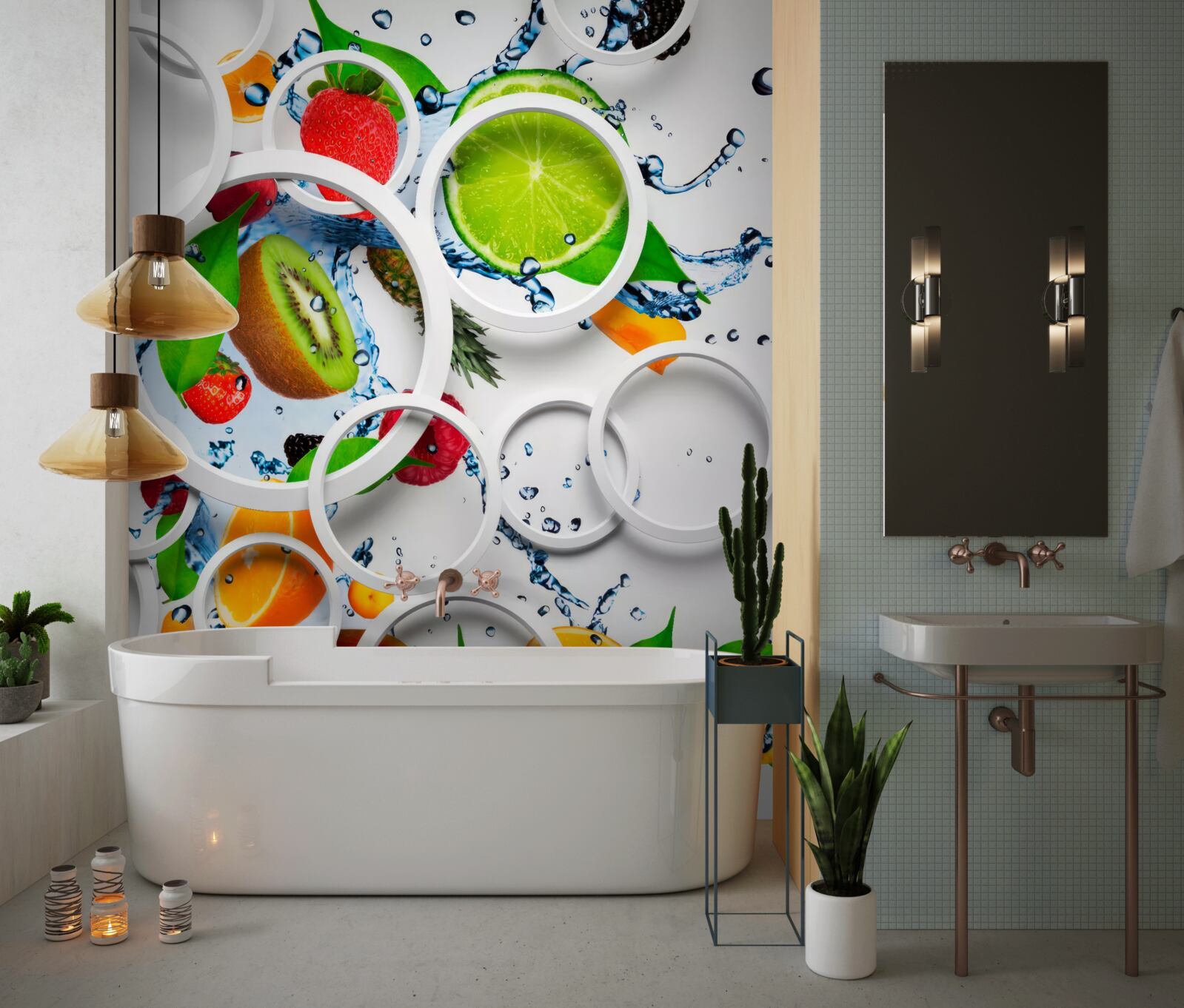 Fototapeta biele objemové kruhy a ovocie