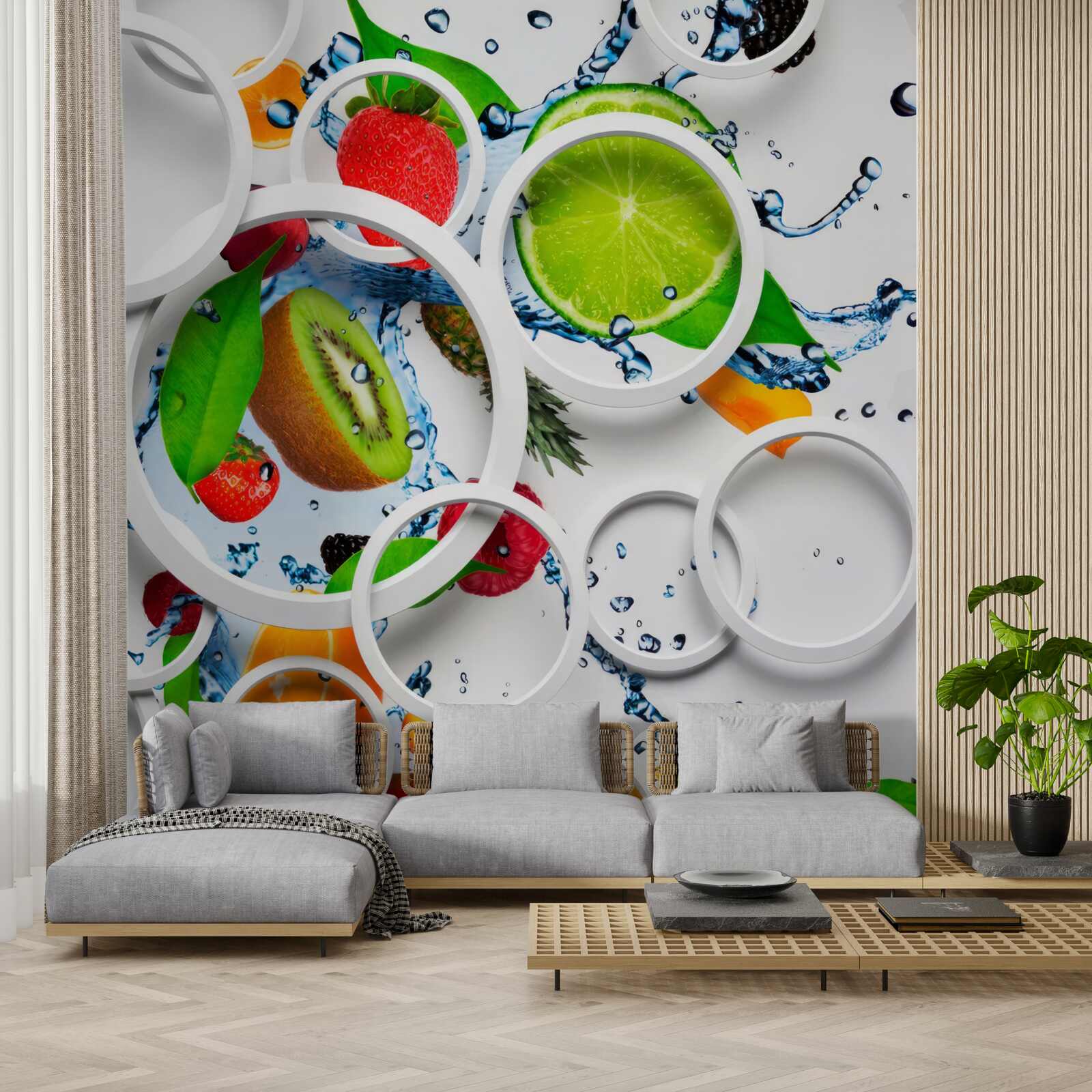 Fototapeta biele objemové kruhy a ovocie