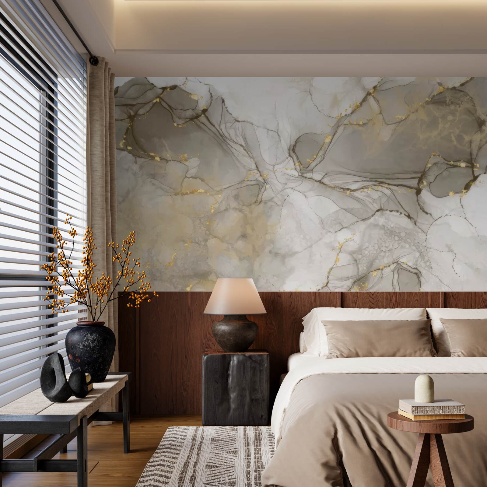 Fototapeta biela a sivá s pozláteným mramorom