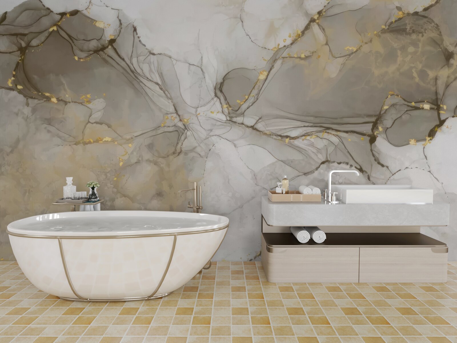 Fototapeta biela a sivá s pozláteným mramorom